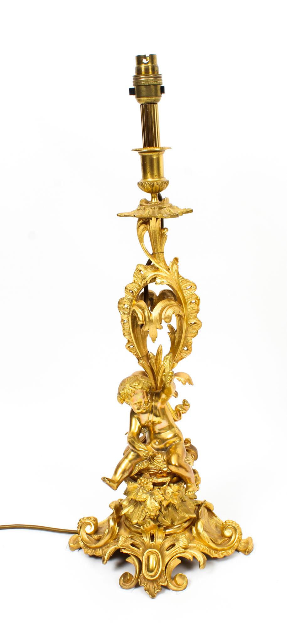 A large and magnificent antique pair of French gilt bronze candelabra, circa 1870 in dater, later converted to table lamps.

They are each superbly decorated with foliate scrolls and stunning gilt bronze playful seated cherubs that are draped with