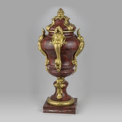 19th Century Pair of French Ormolu-Mounted Rouge Marble Urns and Covers