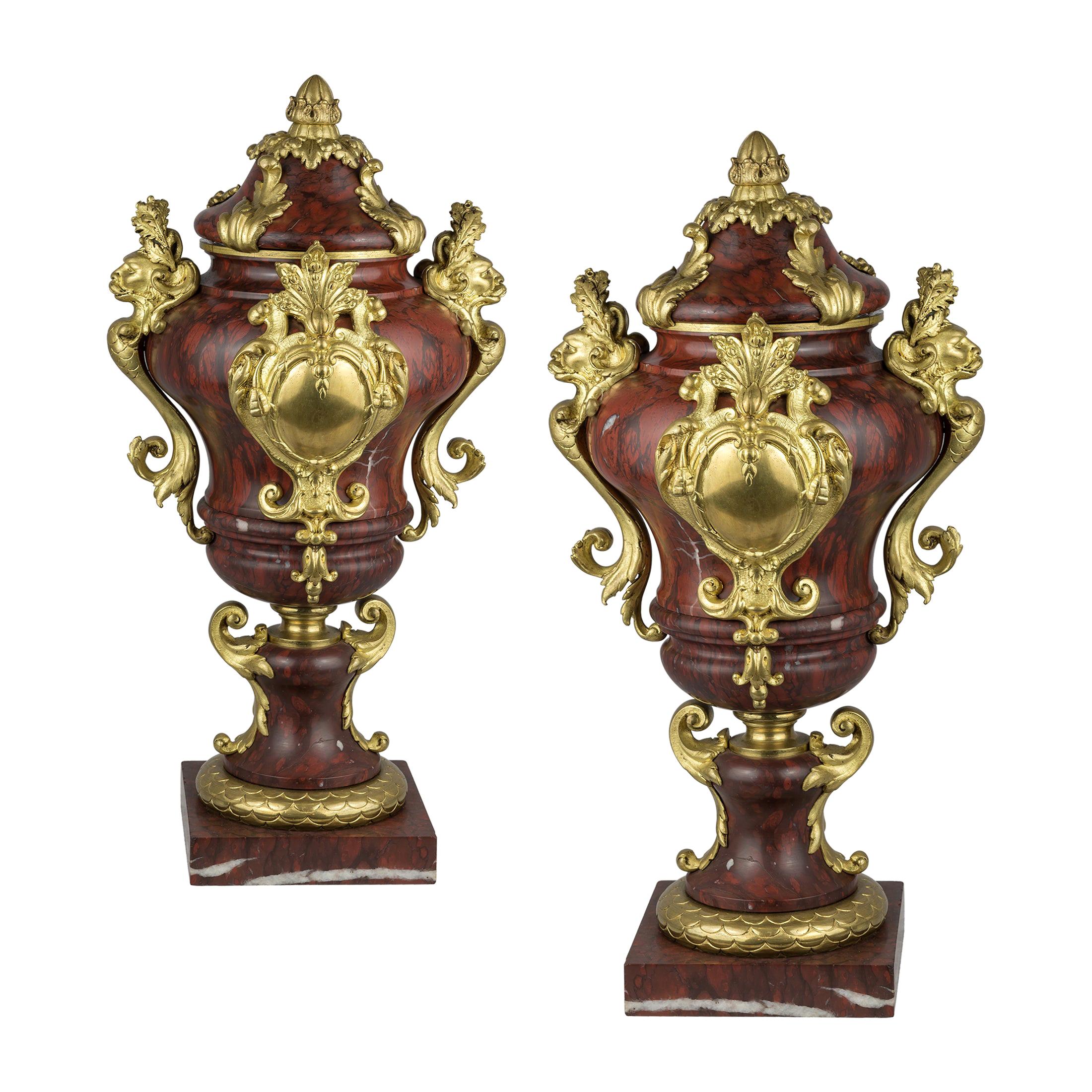 19th Century Pair of French Ormolu-Mounted Rouge Marble Urns and Covers For Sale