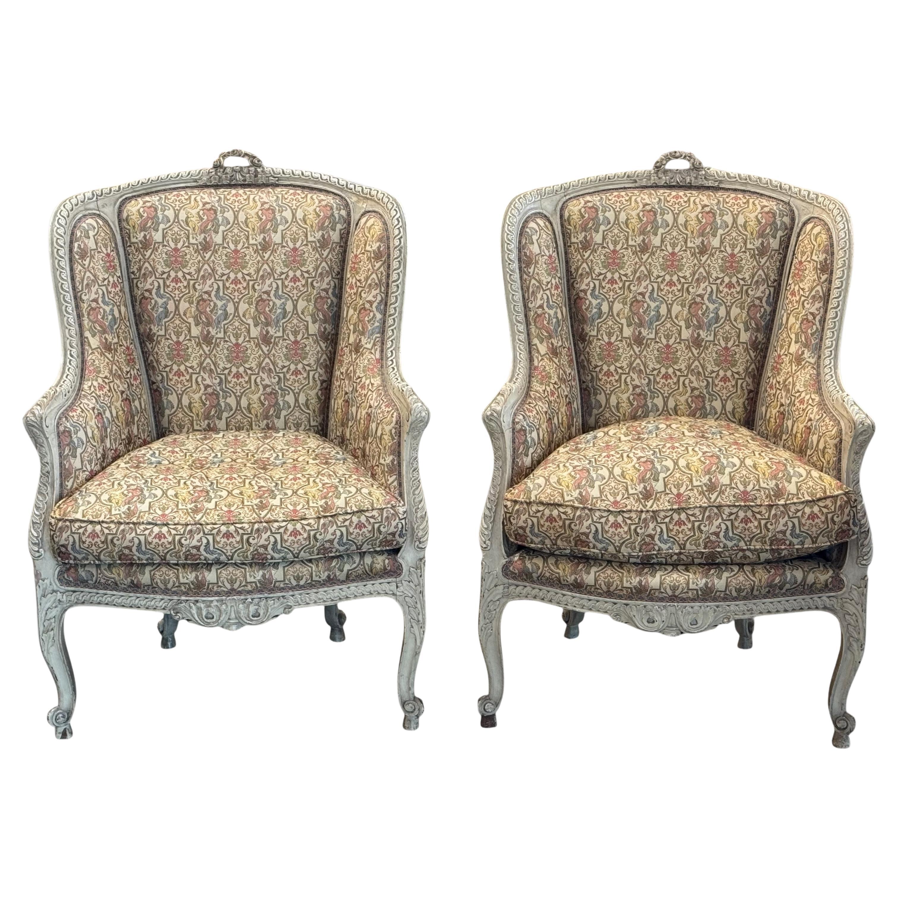 19th Century Pair of French Painted Bergeres