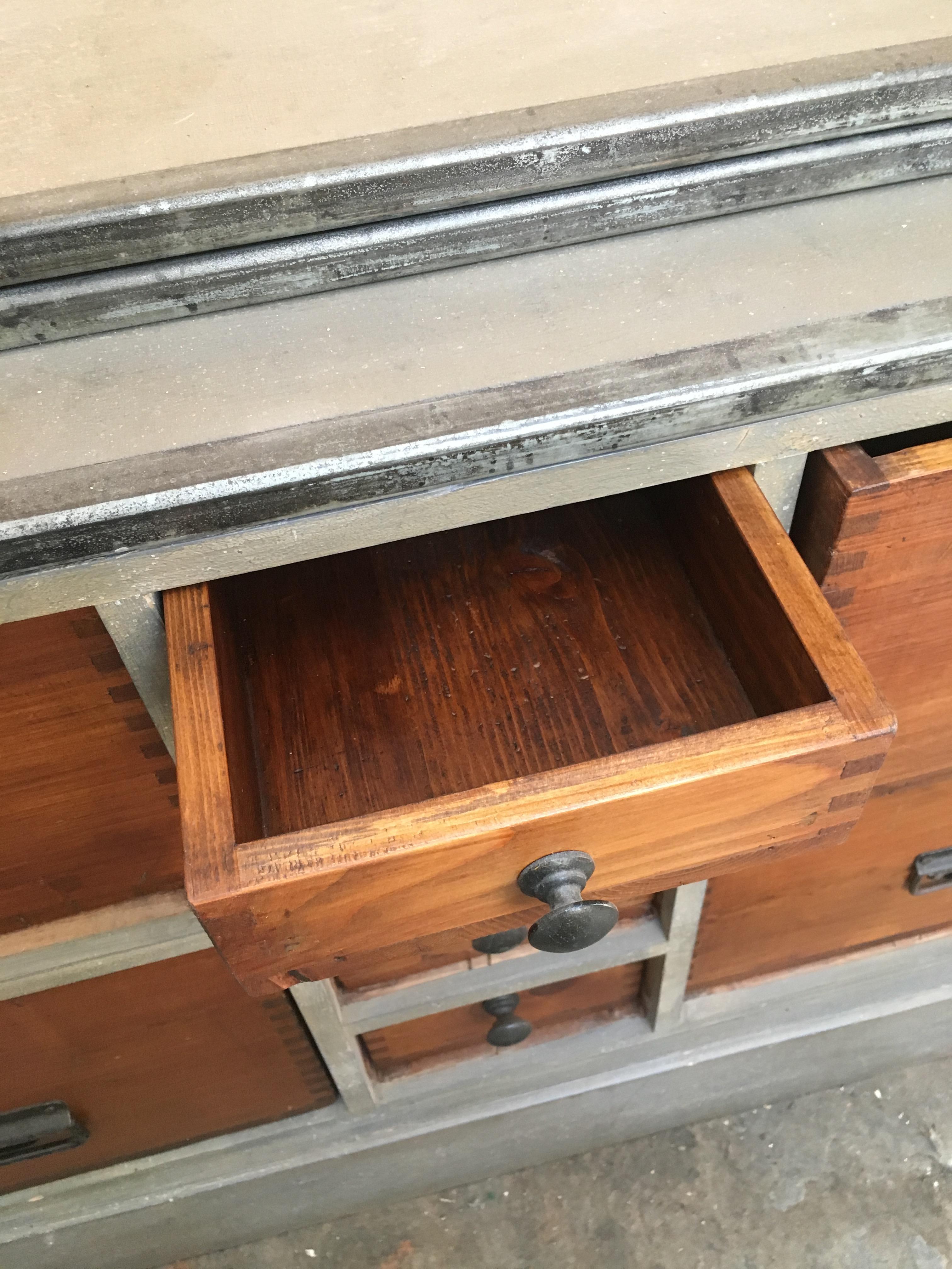 Metal 19th Century Pair of French Painted Wood Cabinets with Zinc-Coated Details