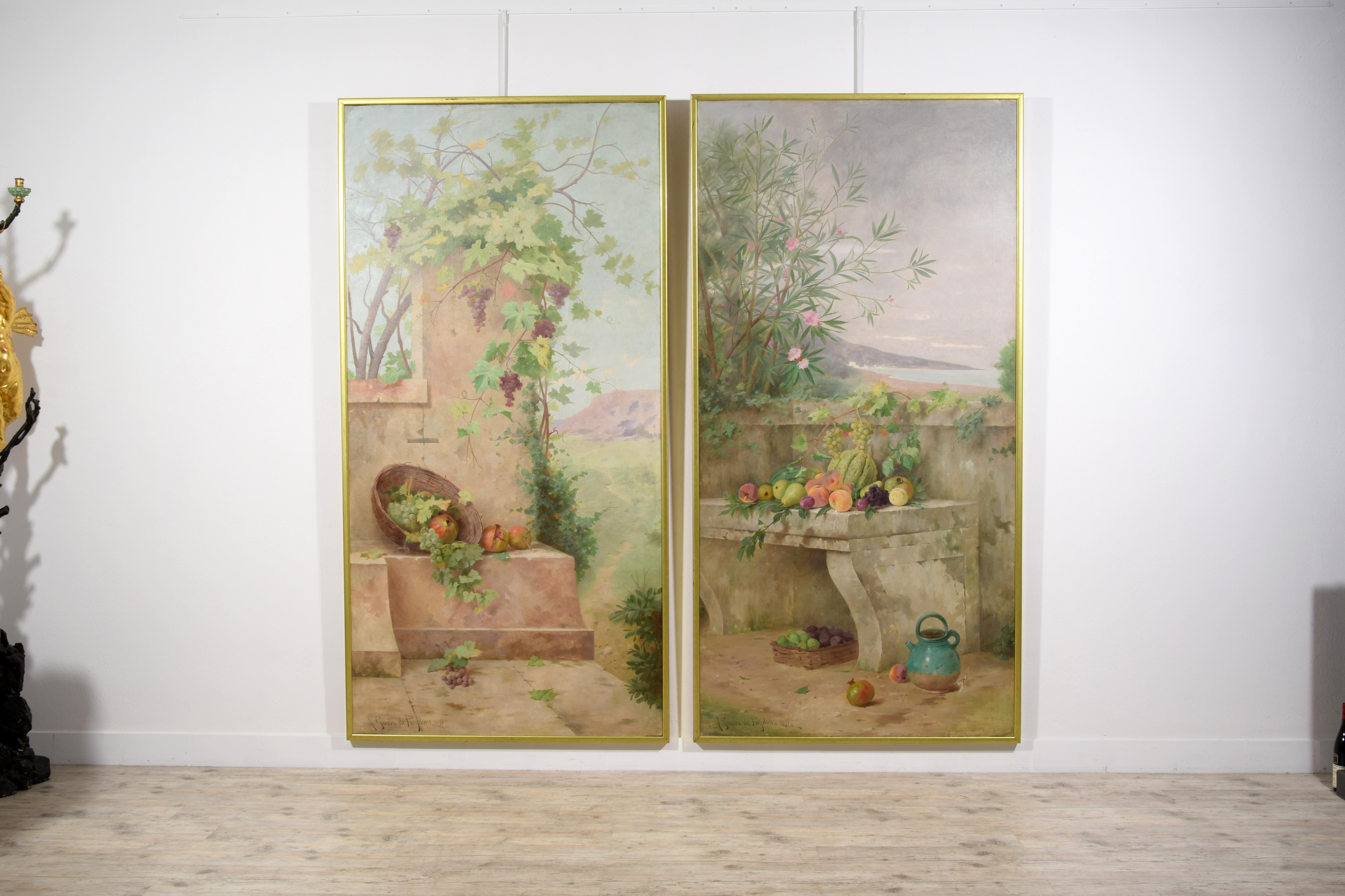 Baroque 19Th Century, Pair of French Paintings with Still Lifes in Landscape For Sale