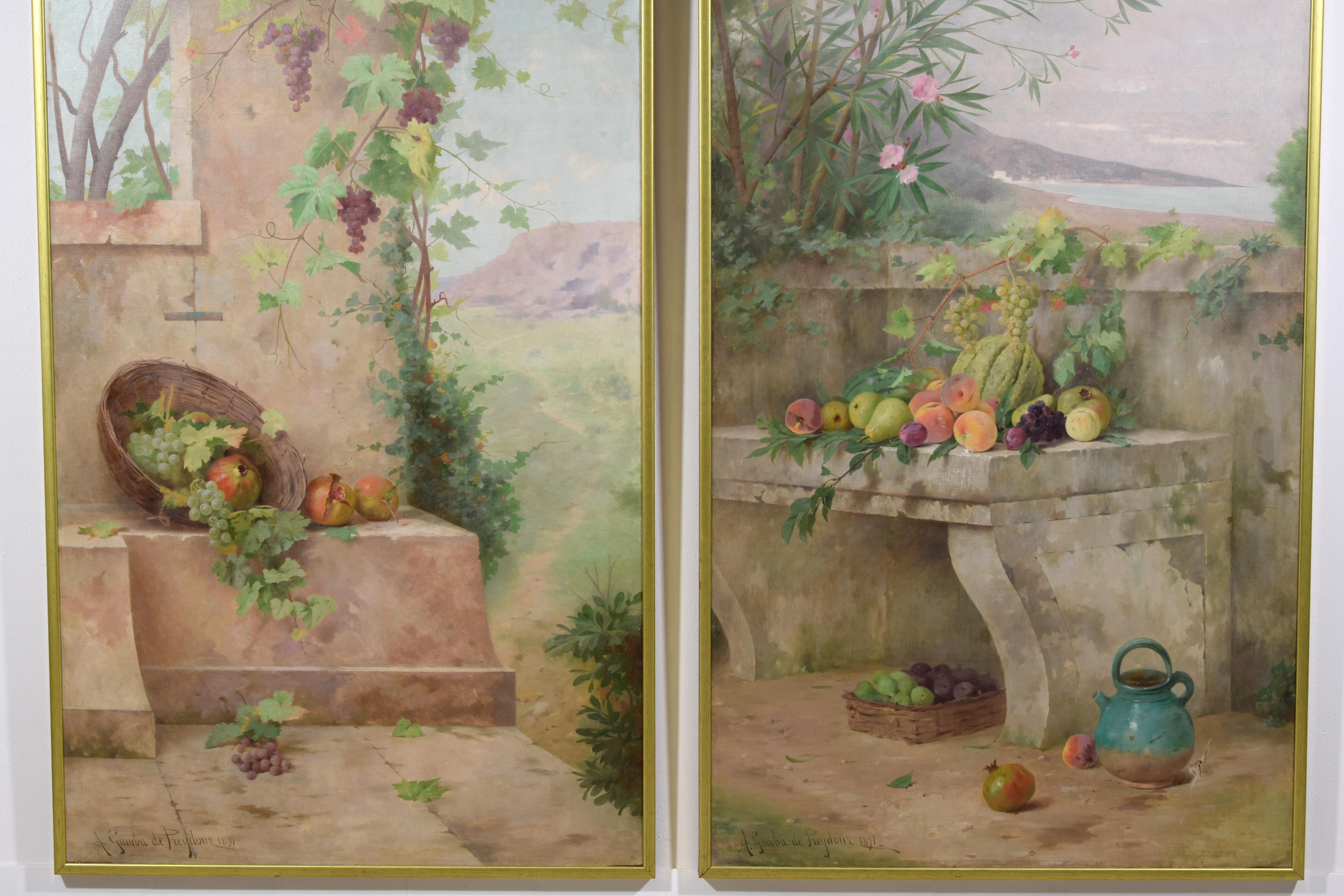 Hand-Painted 19Th Century, Pair of French Paintings with Still Lifes in Landscape For Sale