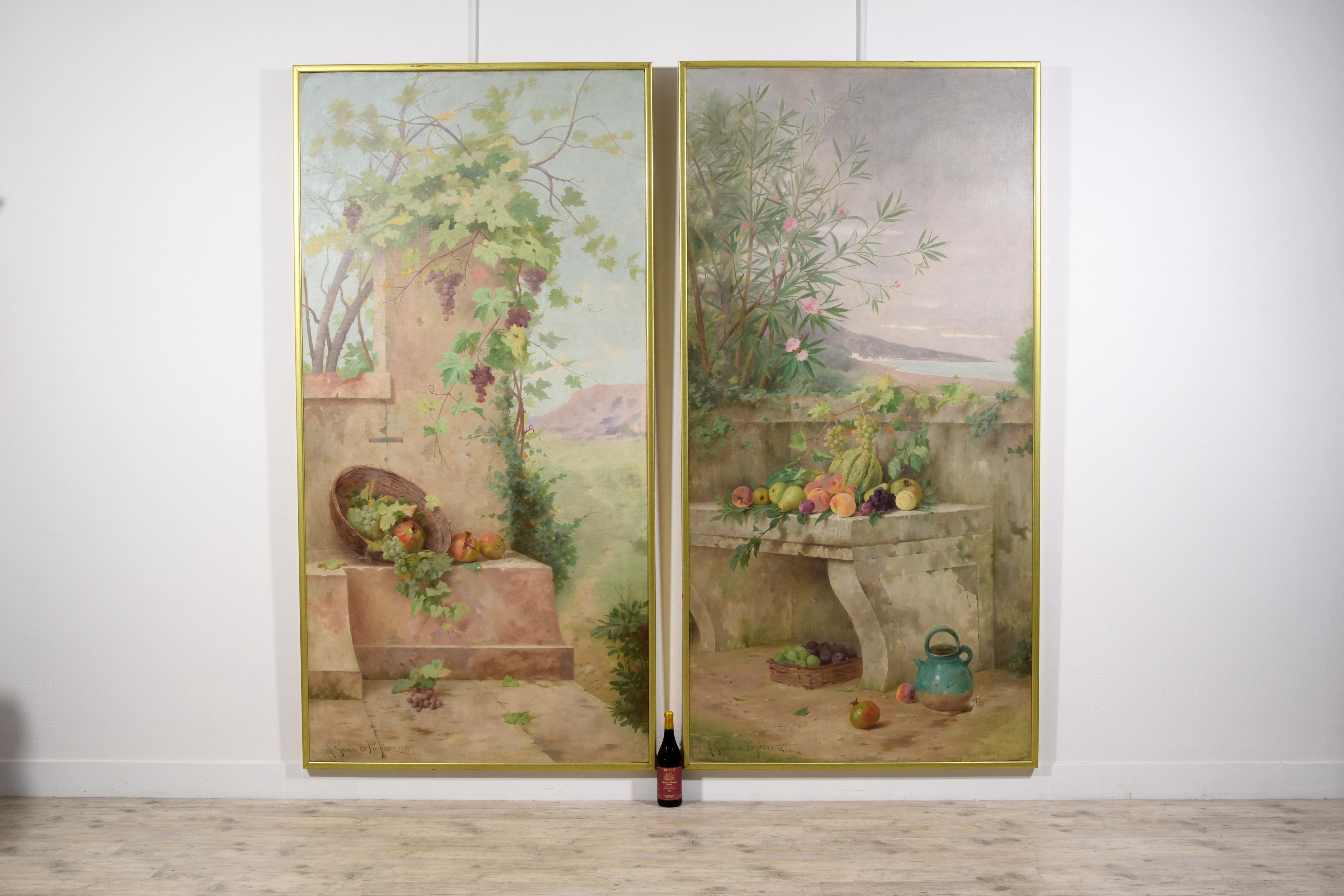 Canvas 19Th Century, Pair of French Paintings with Still Lifes in Landscape For Sale