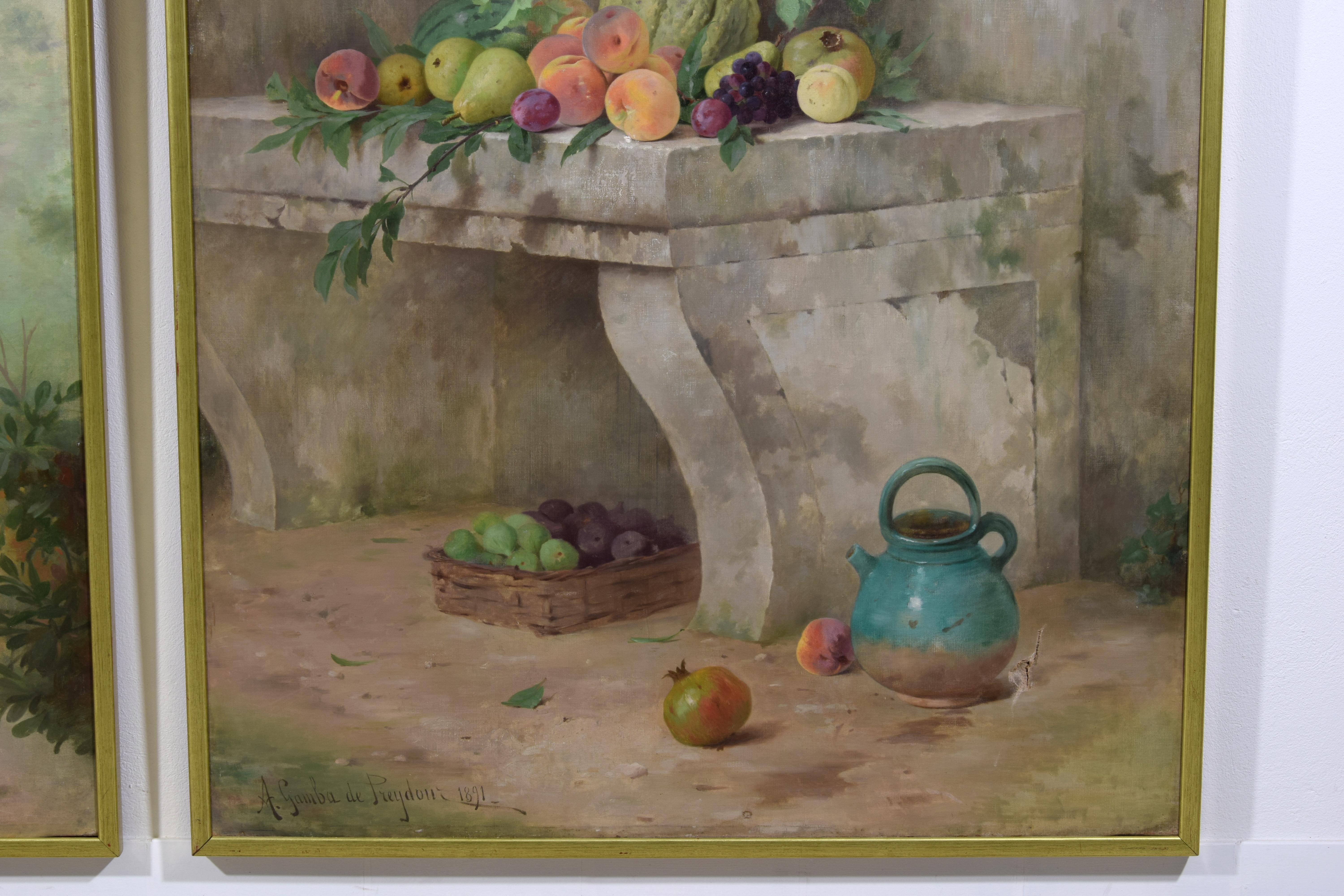 19Th Century, Pair of French Paintings with Still Lifes in Landscape For Sale 3