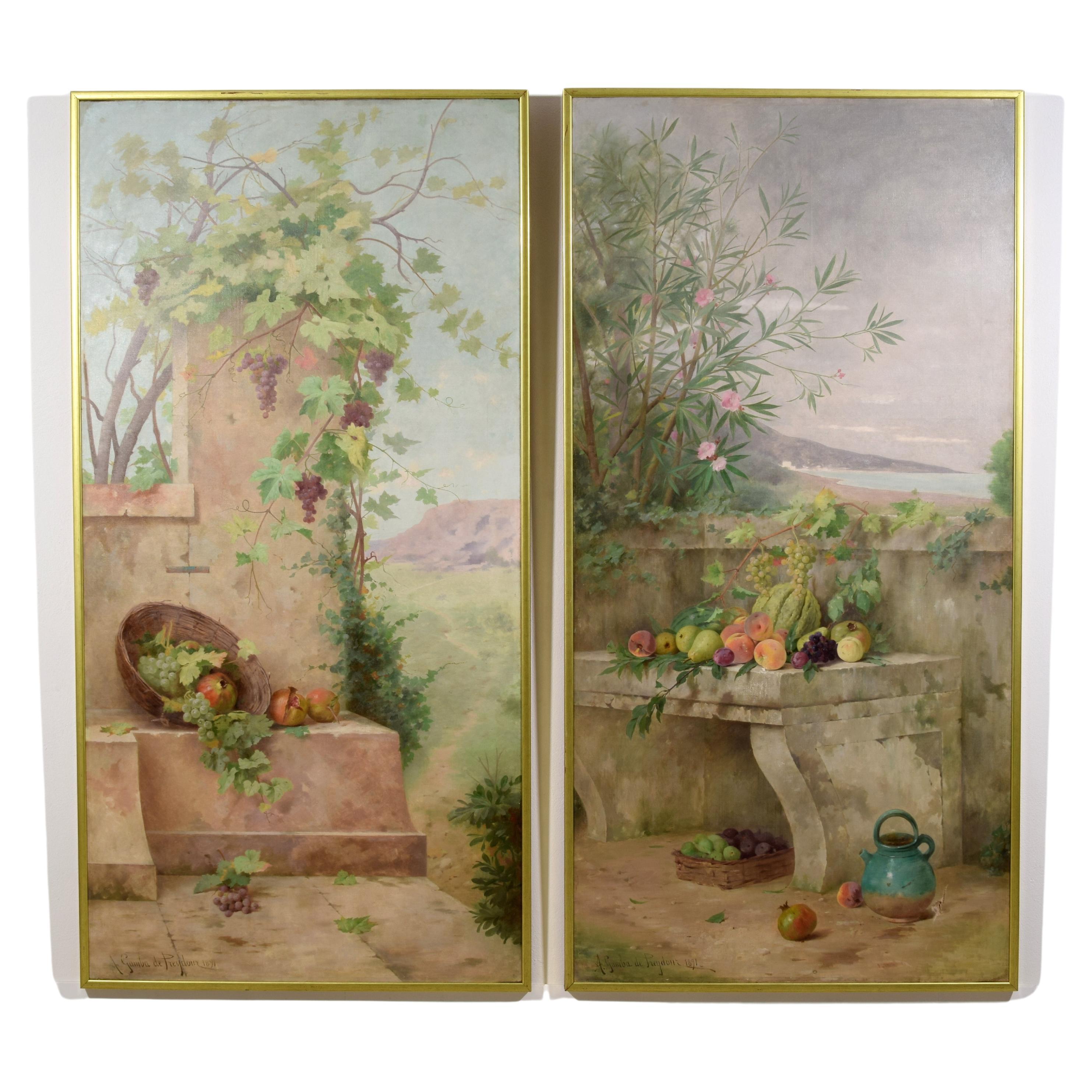 19Th Century, Pair of French Paintings with Still Lifes in Landscape