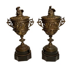 19th Century Pair of French Patinated Bronze Lidded Cups or Urns