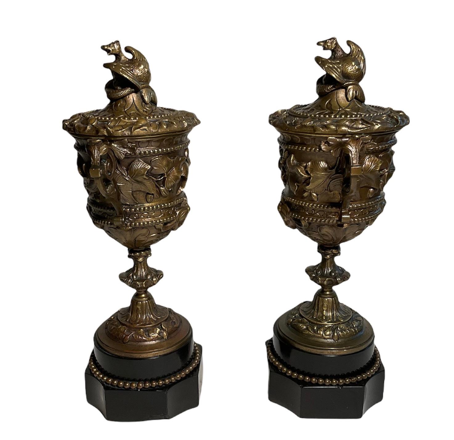 Renaissance 19th Century Pair of French Patinated Bronze Lidded Cups or Urns For Sale