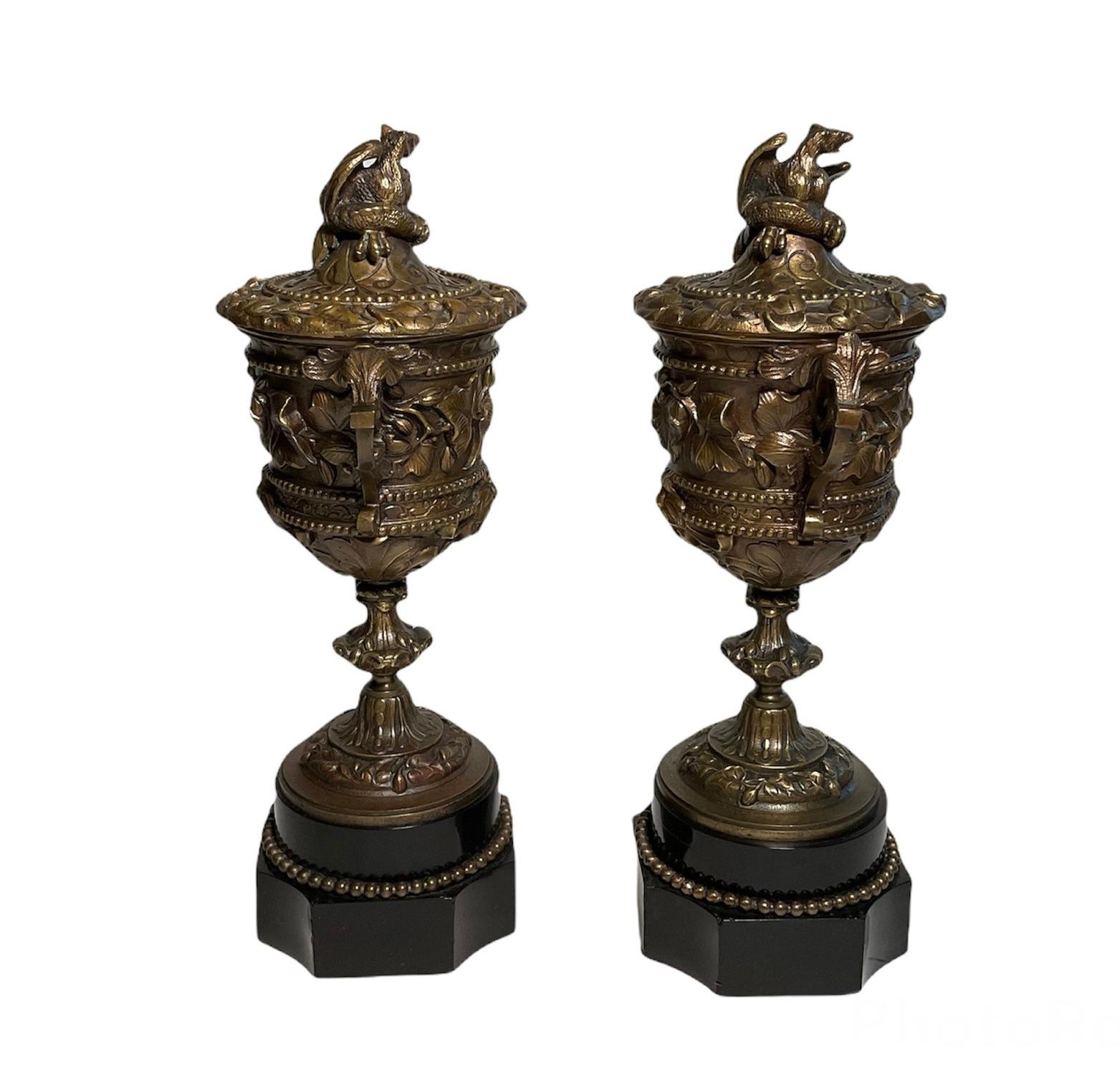 19th Century Pair of French Patinated Bronze Lidded Cups or Urns For Sale 1