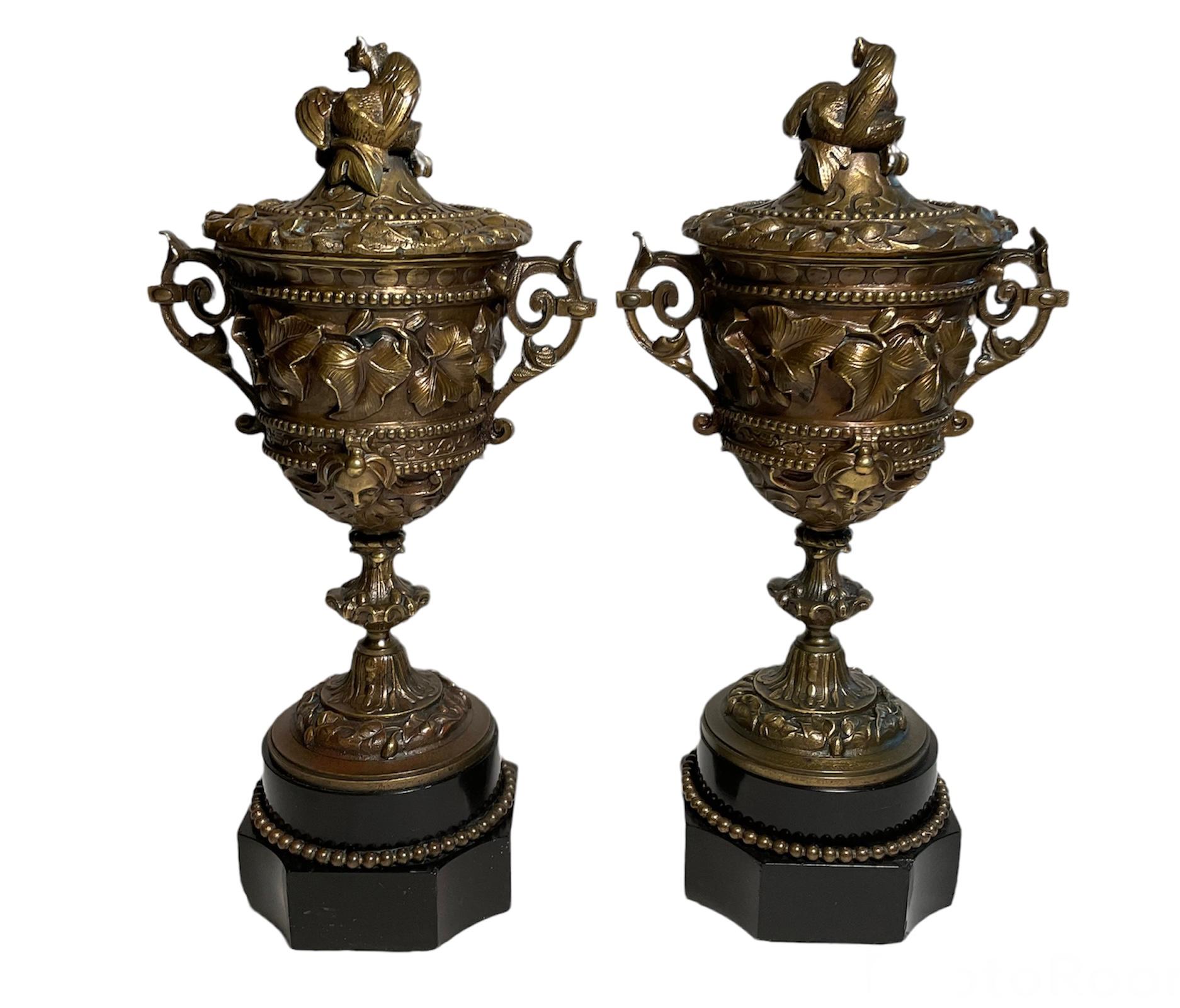 19th Century Pair of French Patinated Bronze Lidded Cups or Urns For Sale 2