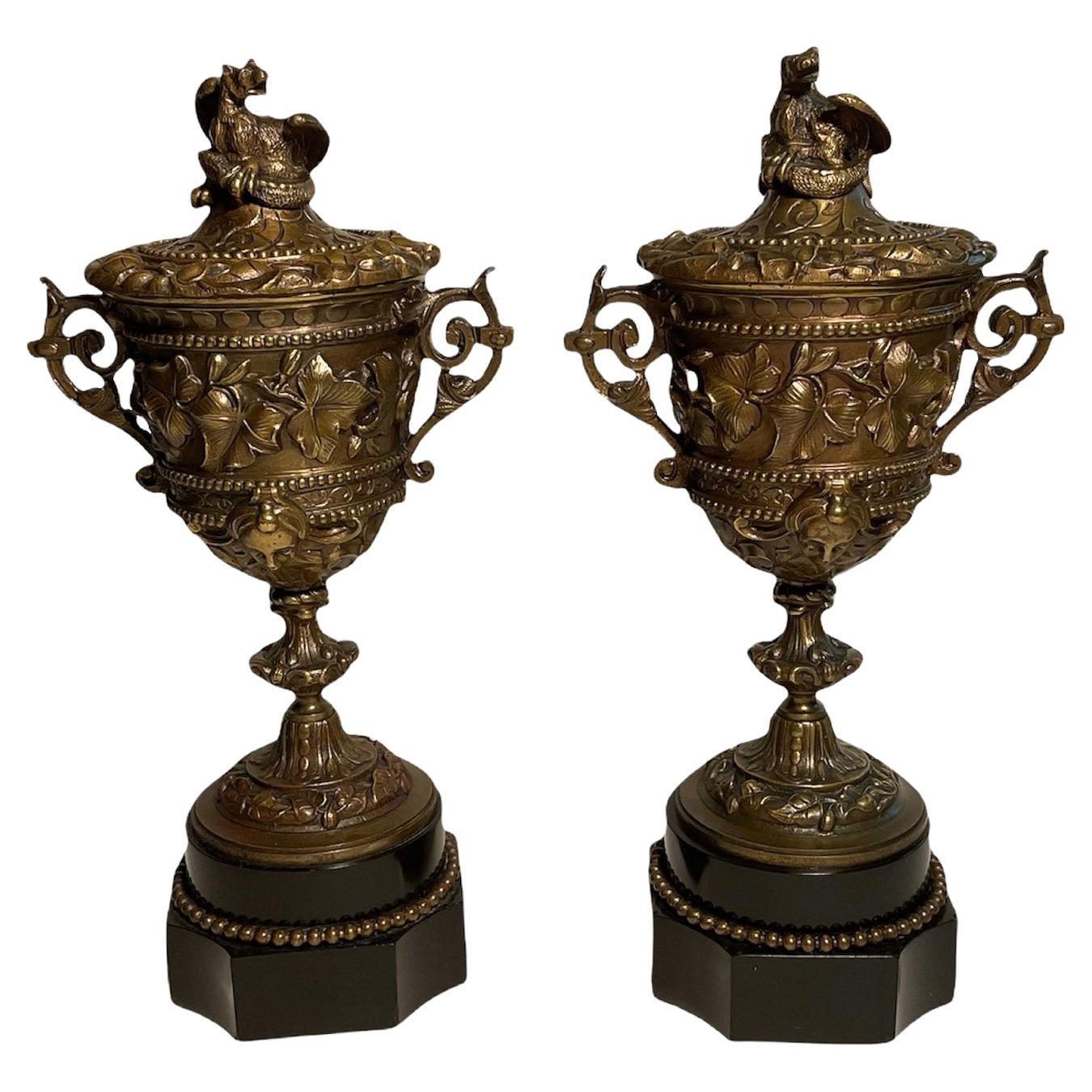 19th Century Pair of French Patinated Bronze Lidded Cups or Urns