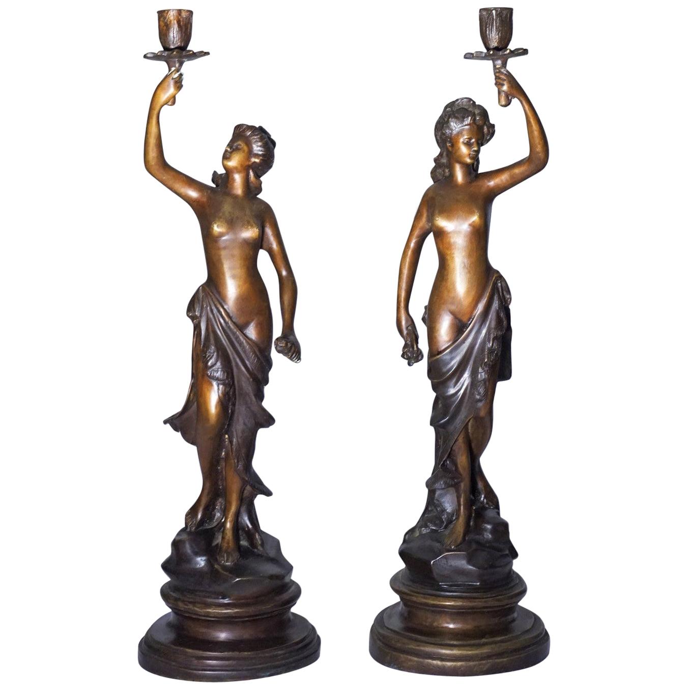 19th Century Pair of French Patinated Bronze Sculptures Candelabra Candleholders