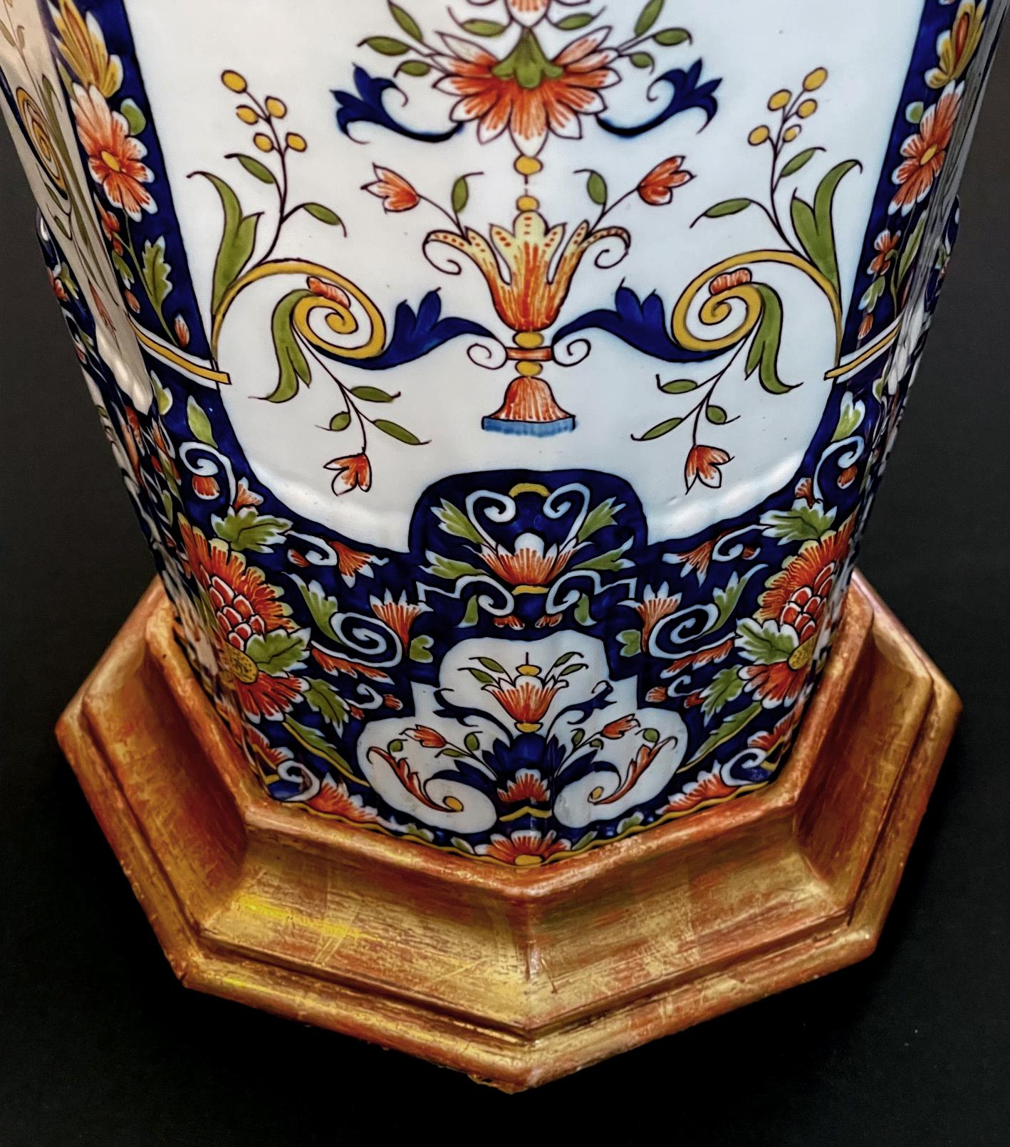 19th Century Pair of French Polychromed Faience Octagonal Urns Now as Lamps In Excellent Condition For Sale In San Francisco, CA