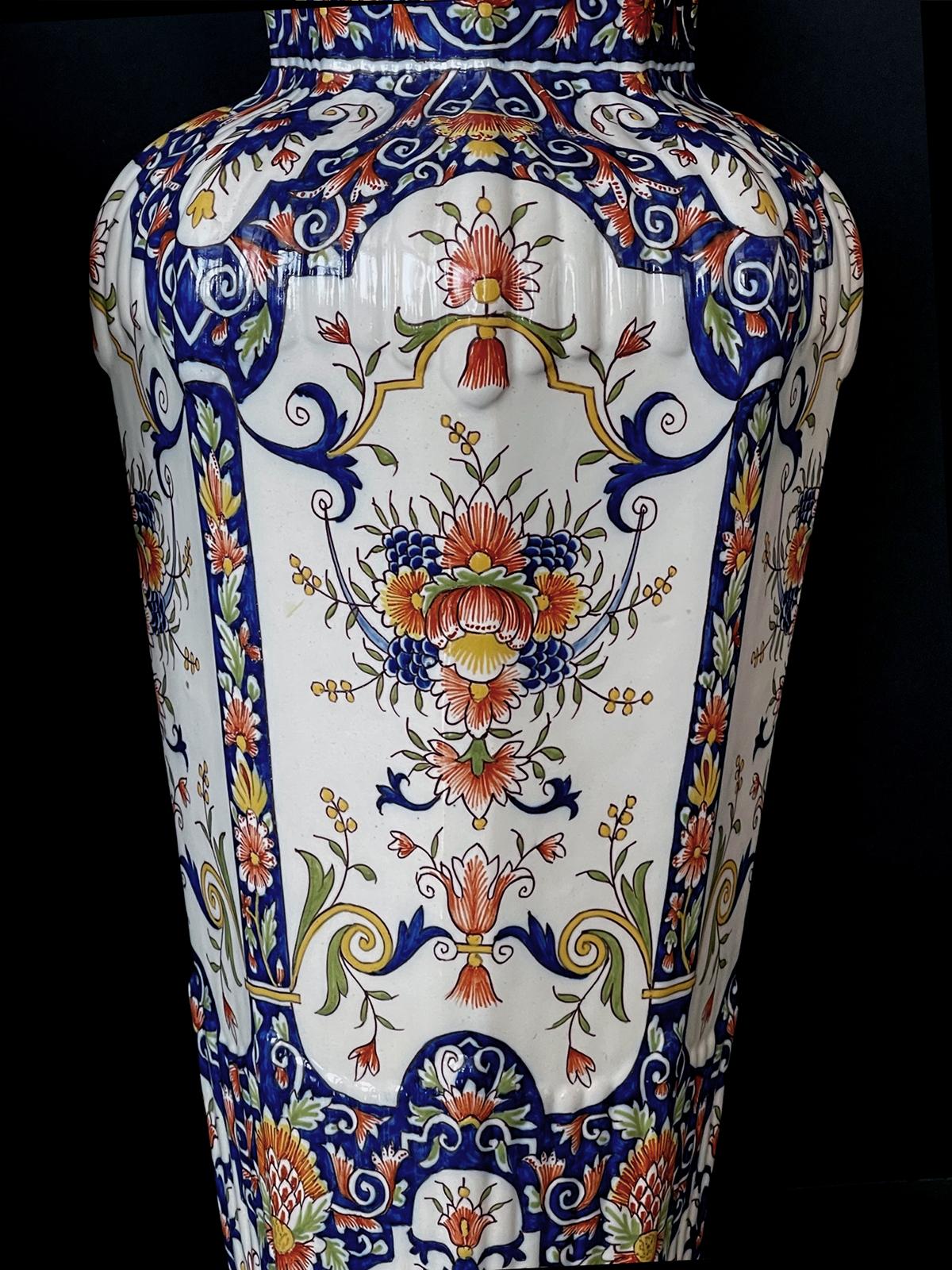 Porcelain 19th Century Pair of French Polychromed Faience Octagonal Urns Now as Lamps For Sale