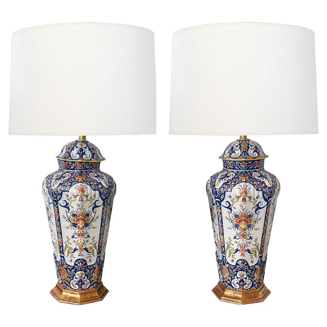 19th Century Pair of French Polychromed Faience Octagonal Urns Now as Lamps For Sale