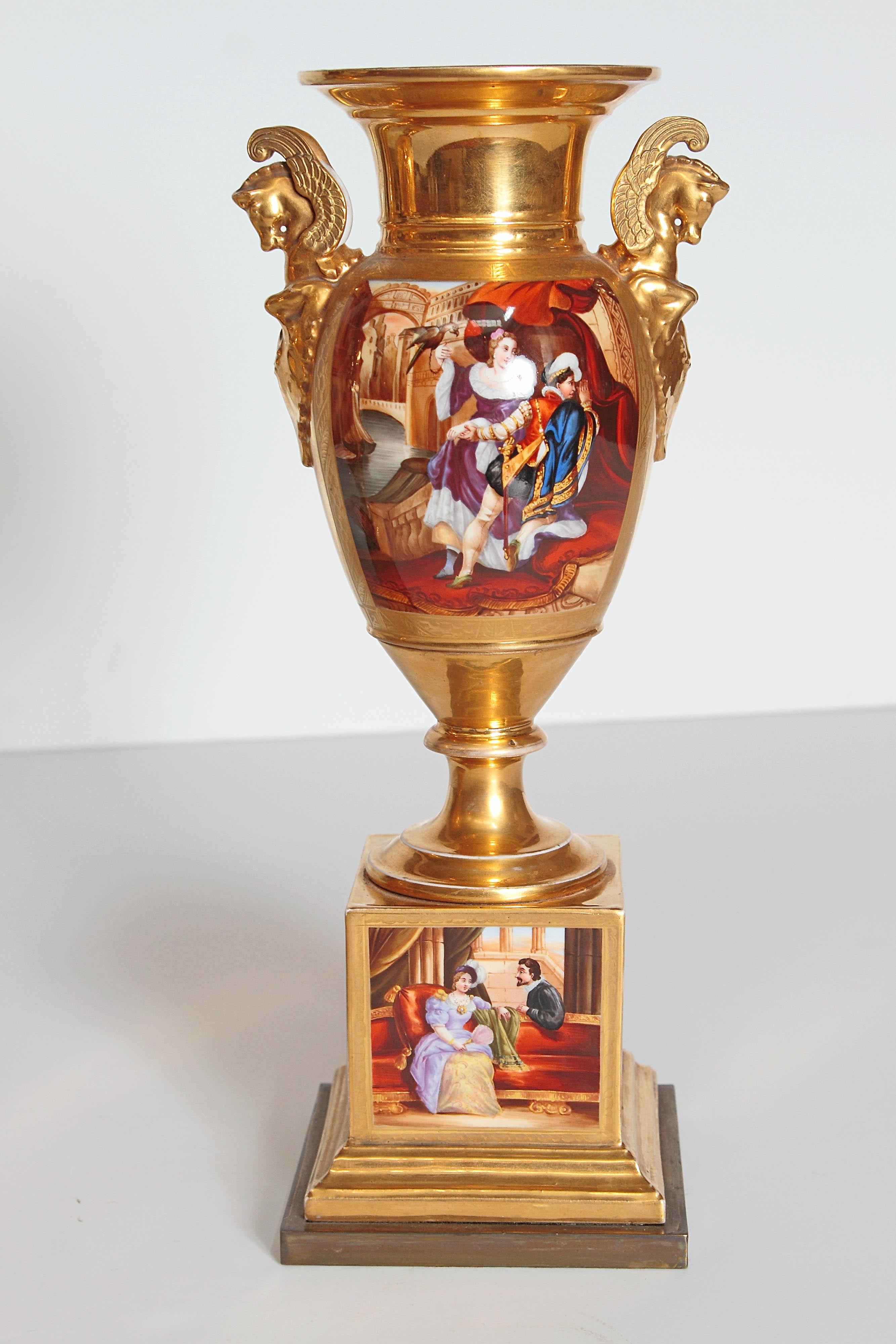 19th Century Pair of French Porcelain Gilt Urns with Scenes 8