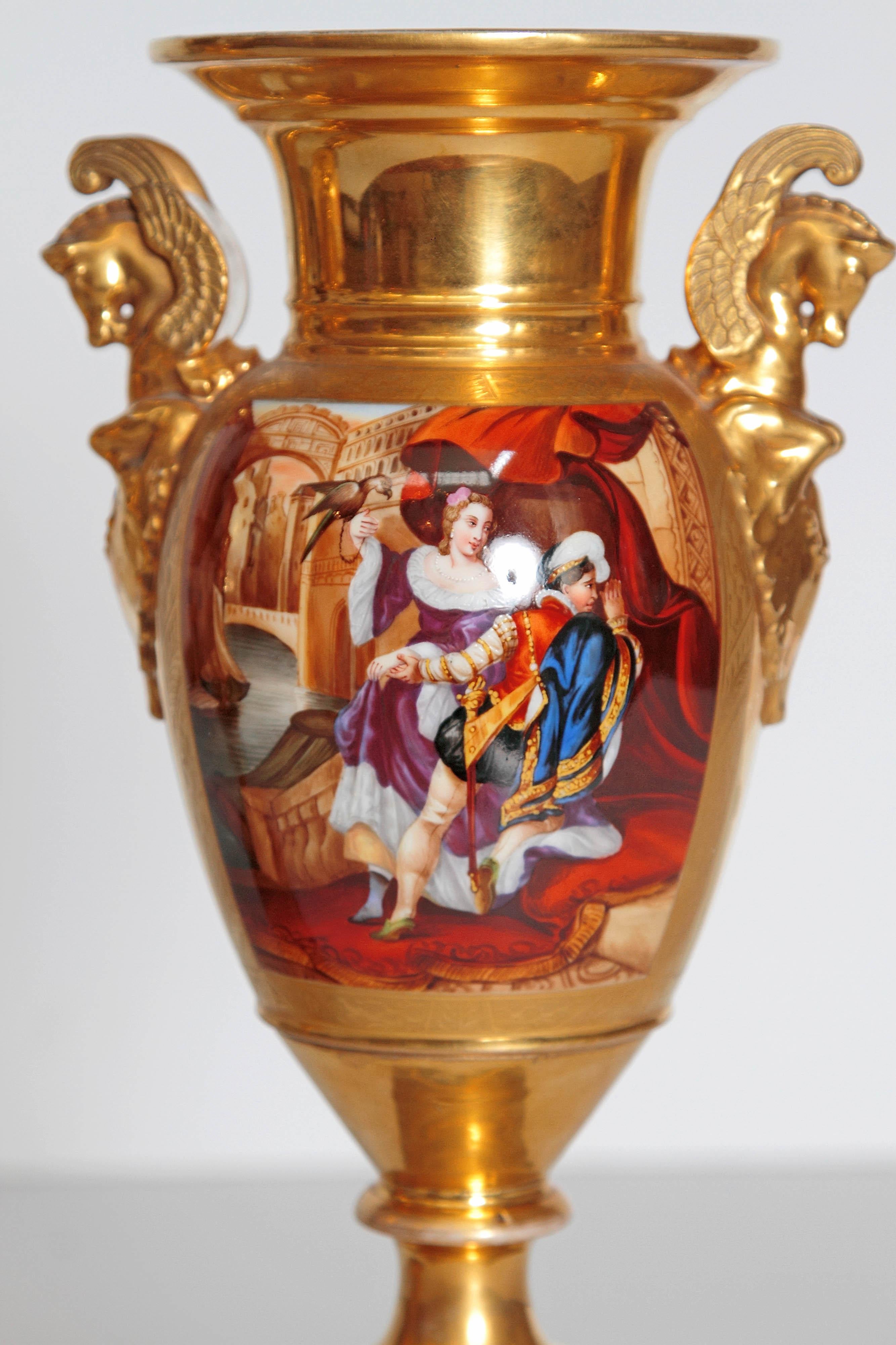 19th Century Pair of French Porcelain Gilt Urns with Scenes 9