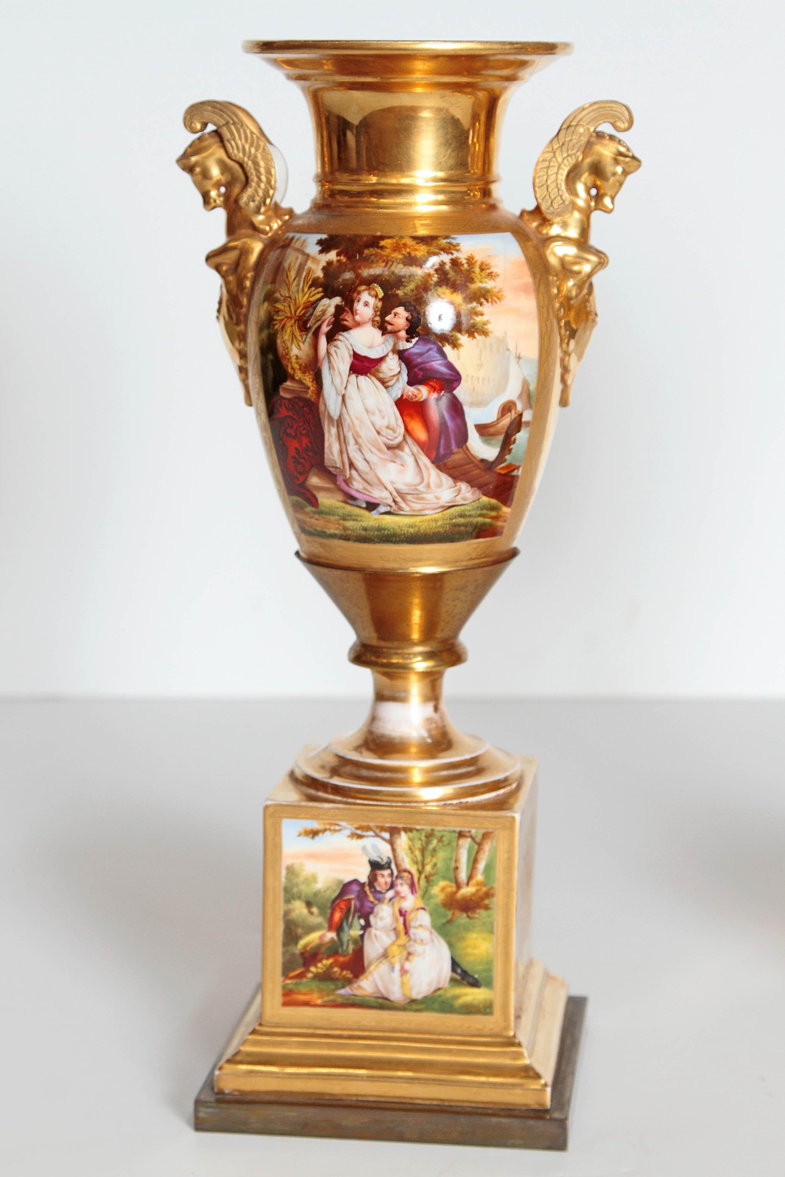 19th Century Pair of French Porcelain Gilt Urns with Scenes 11