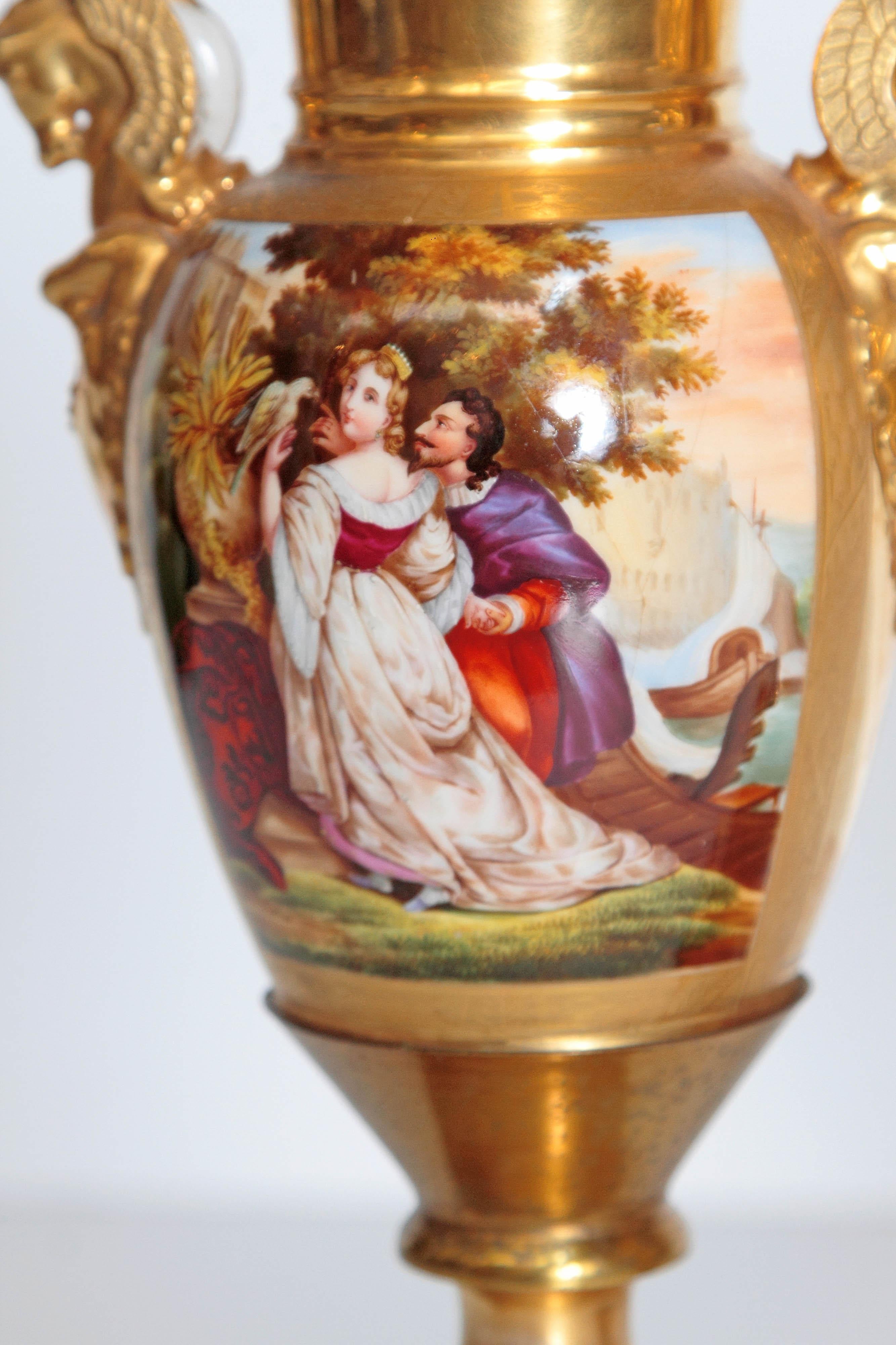 19th Century Pair of French Porcelain Gilt Urns with Scenes 12