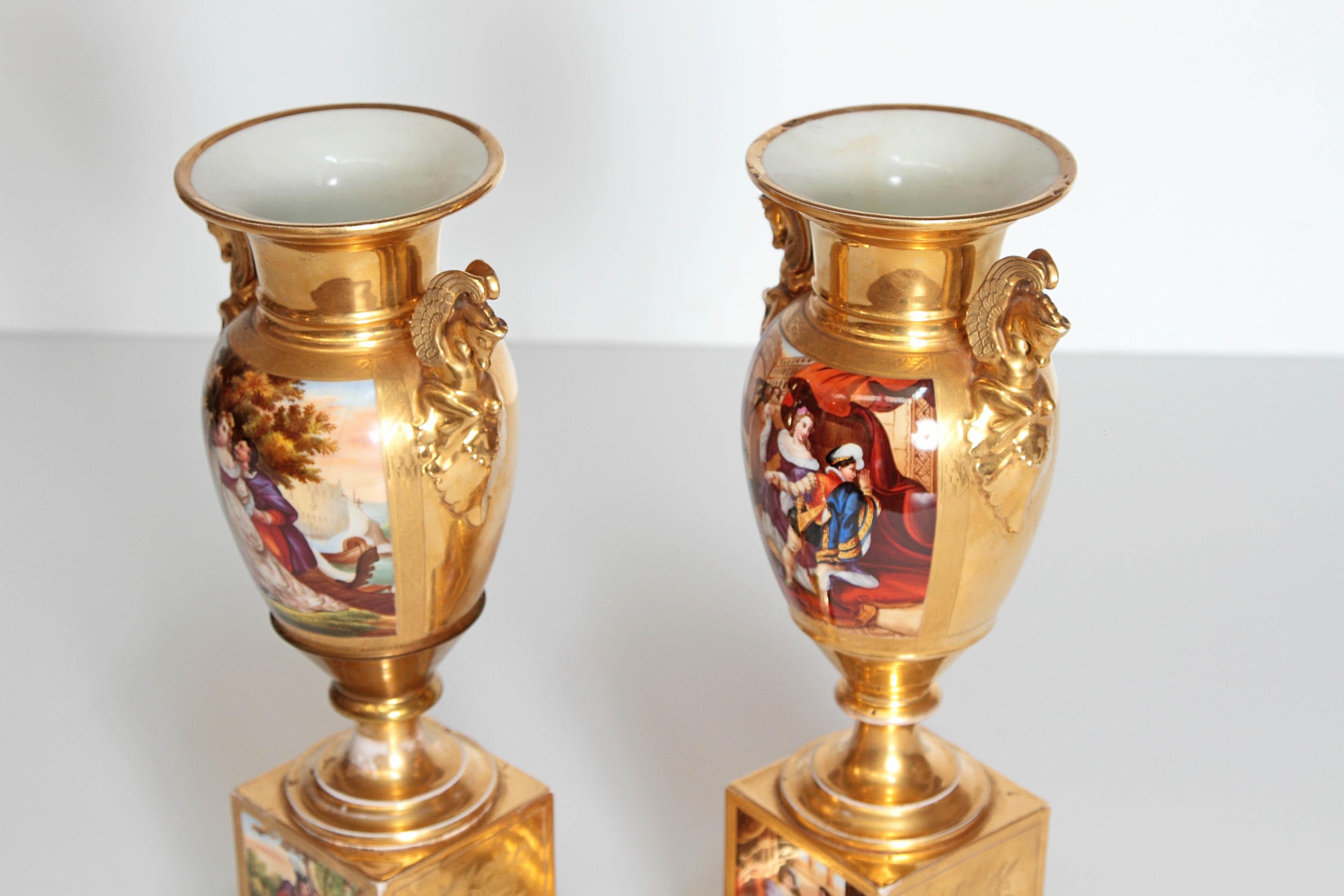 Neoclassical 19th Century Pair of French Porcelain Gilt Urns with Scenes
