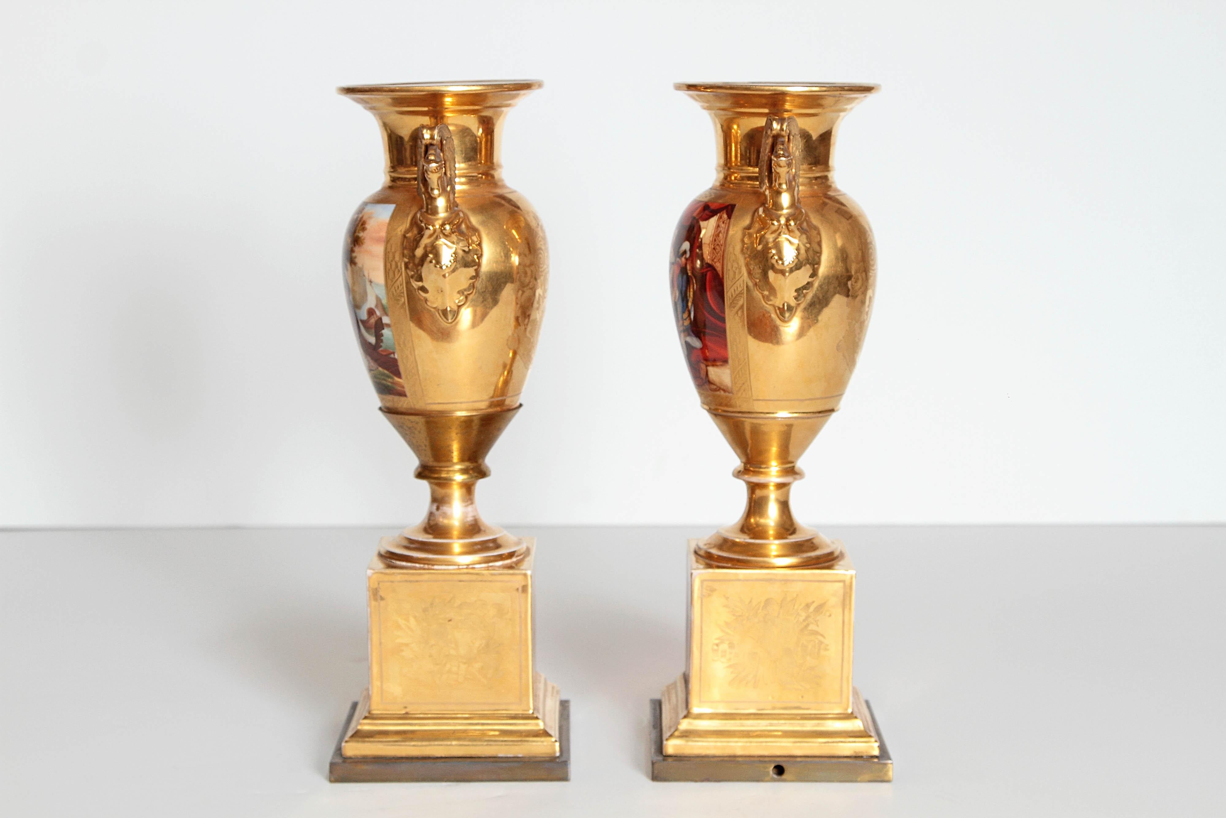 19th Century Pair of French Porcelain Gilt Urns with Scenes In Good Condition In Dallas, TX