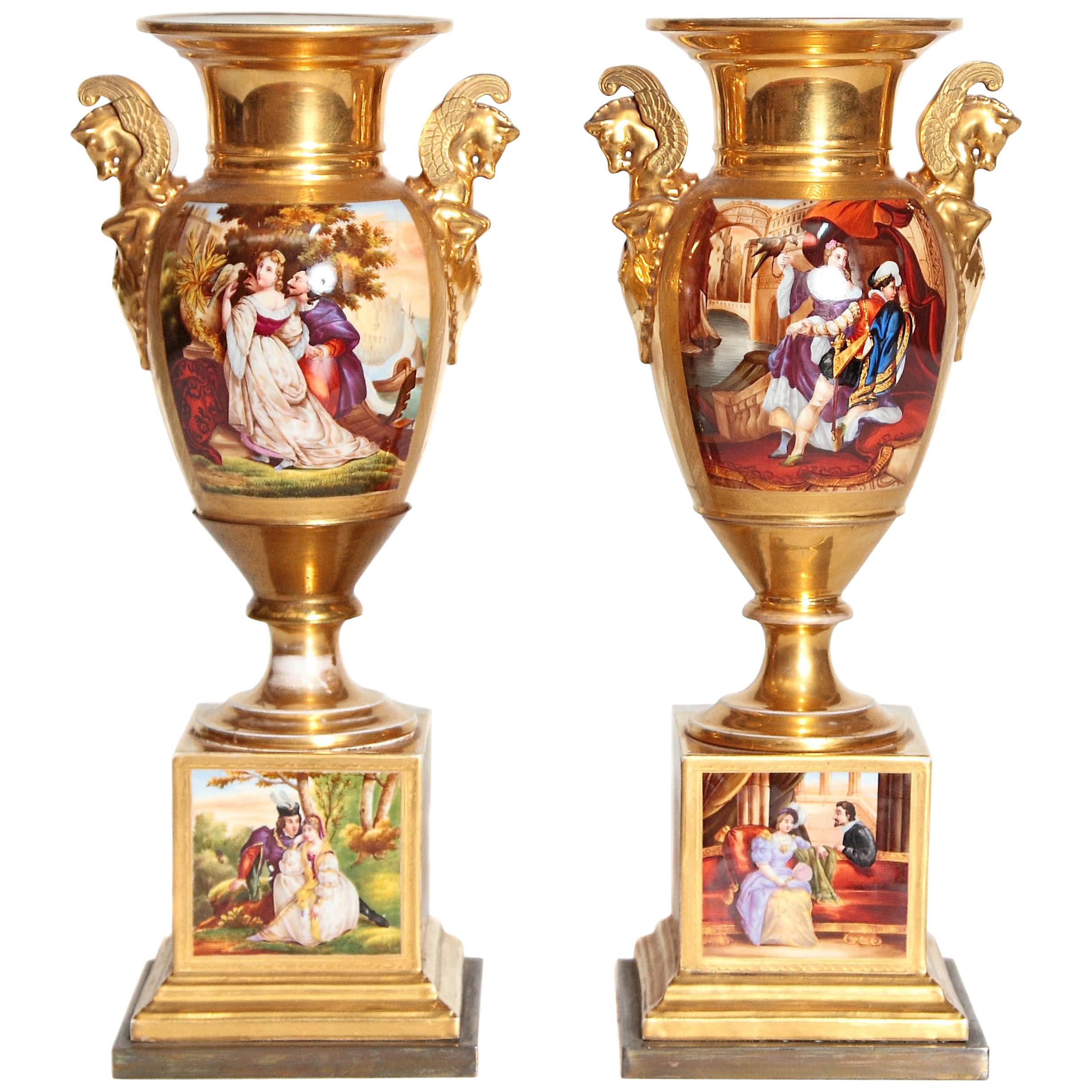 19th Century Pair of French Porcelain Gilt Urns with Scenes