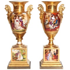 19th Century Pair of French Porcelain Gilt Urns with Scenes