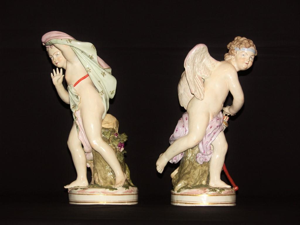 19th century, pair of French polychrome porcelain sculptures depicting cupid and psyche

The delicious sculptures, made of hand-painted porcelain in polychrome, in Strasbourg in the 19th century, depict love and psyche.
The legend was written in