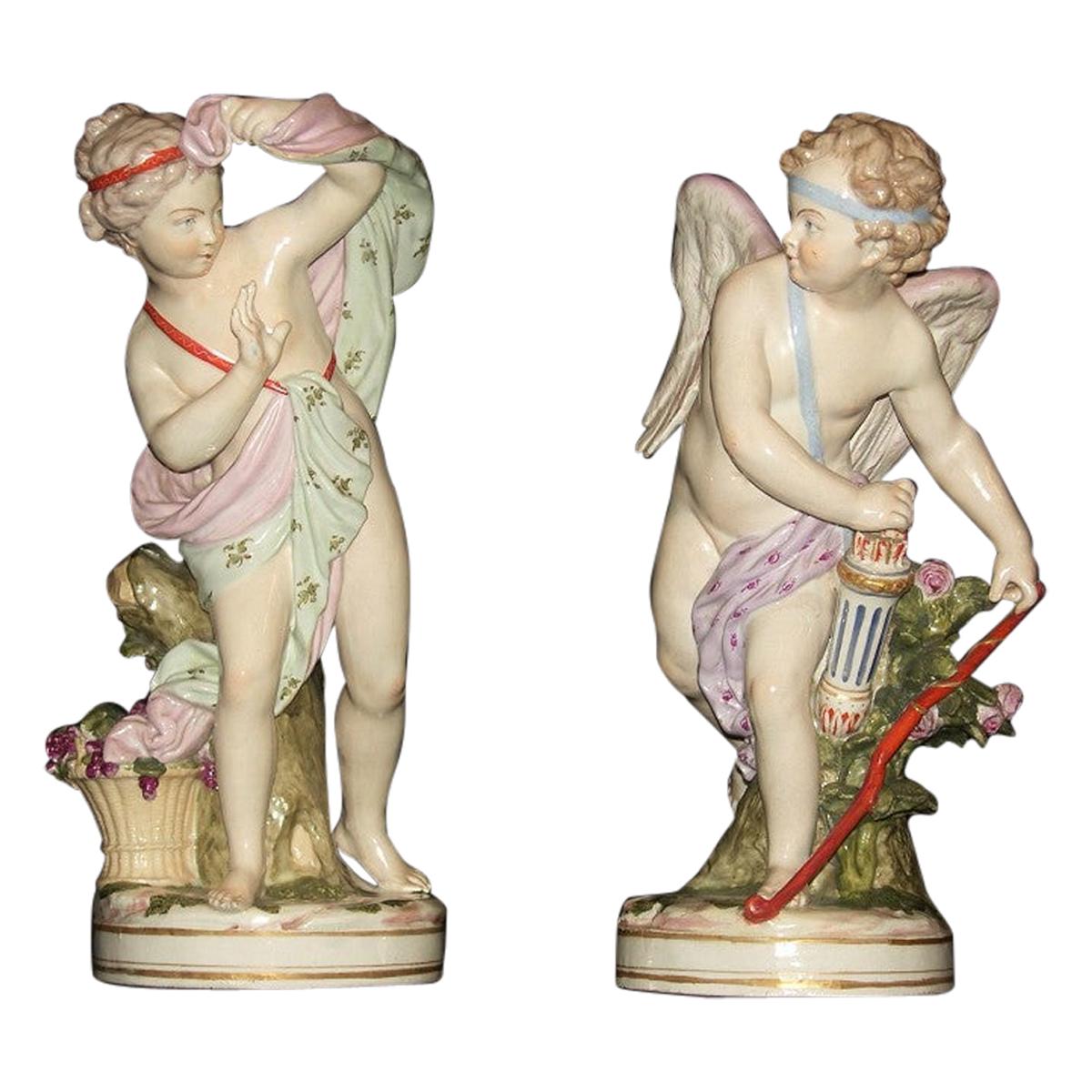 19th Century, Pair of French Porcelain Sculptures Depicting Cupid and Psyche