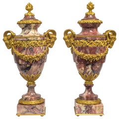 19th Century Pair of French Rouge Marble and Gilt Bronze Urns