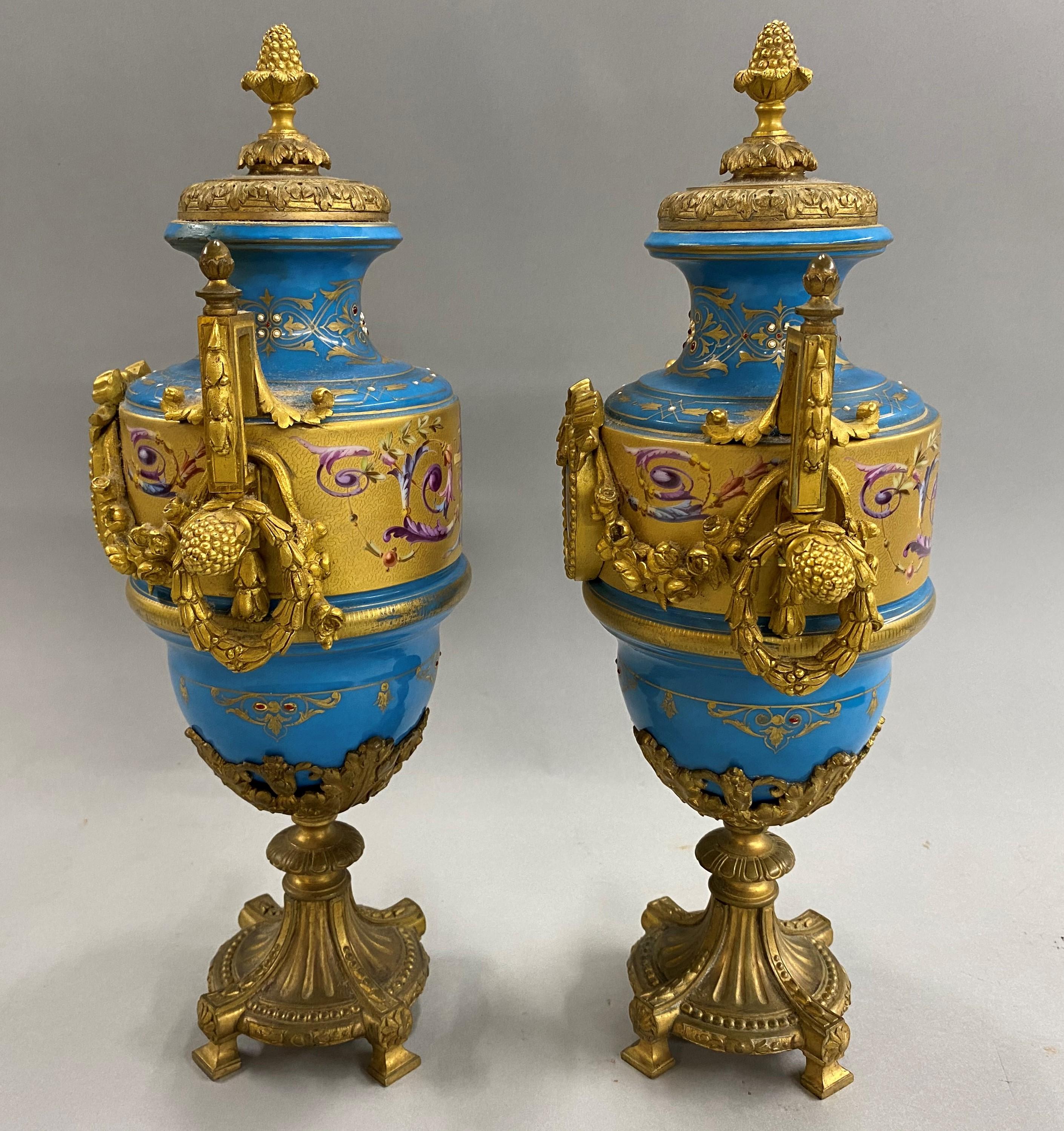 19th Century Pair of French Sevres Celeste Blue Porcelain Urns with Gilt Ormolu 7