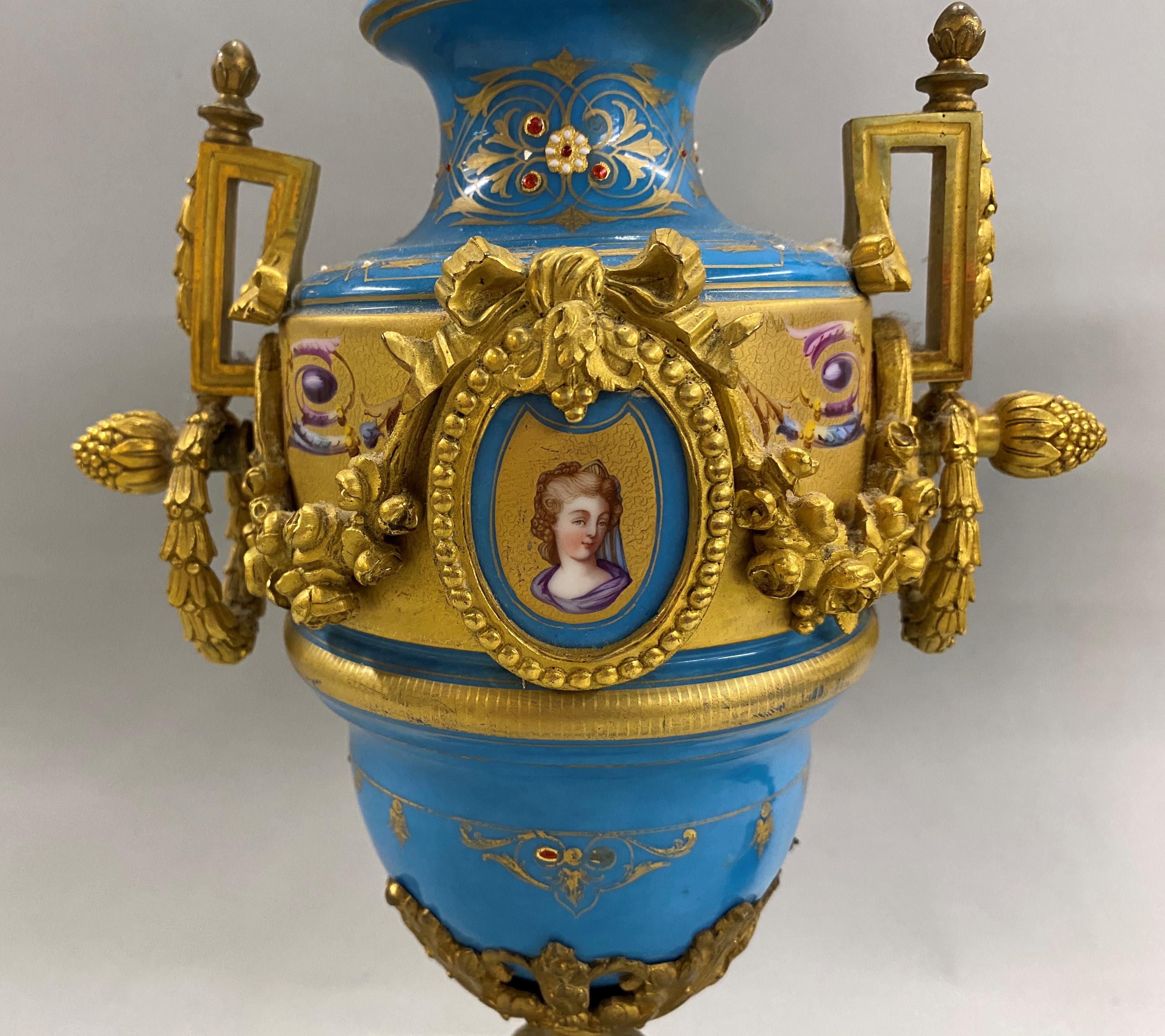 19th Century Pair of French Sevres Celeste Blue Porcelain Urns with Gilt Ormolu In Good Condition In Milford, NH