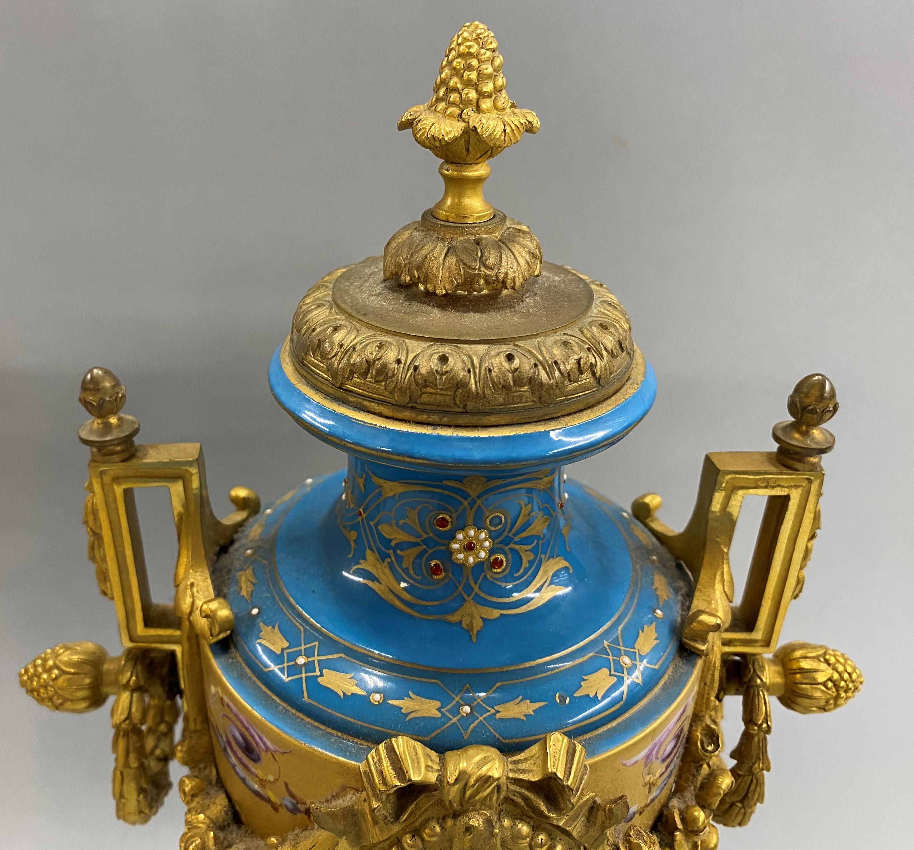 19th Century Pair of French Sevres Celeste Blue Porcelain Urns with Gilt Ormolu 2
