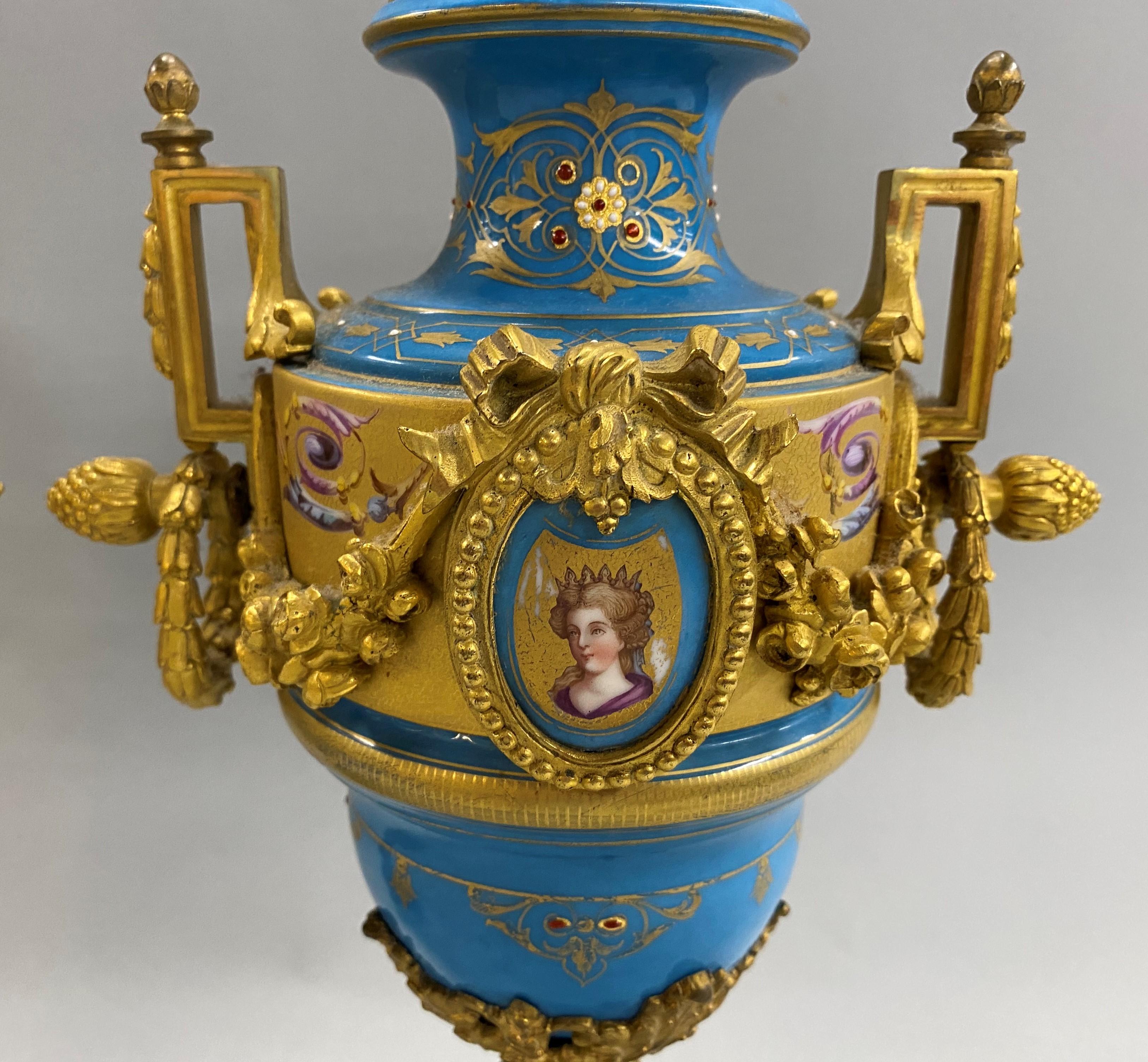 19th Century Pair of French Sevres Celeste Blue Porcelain Urns with Gilt Ormolu 3