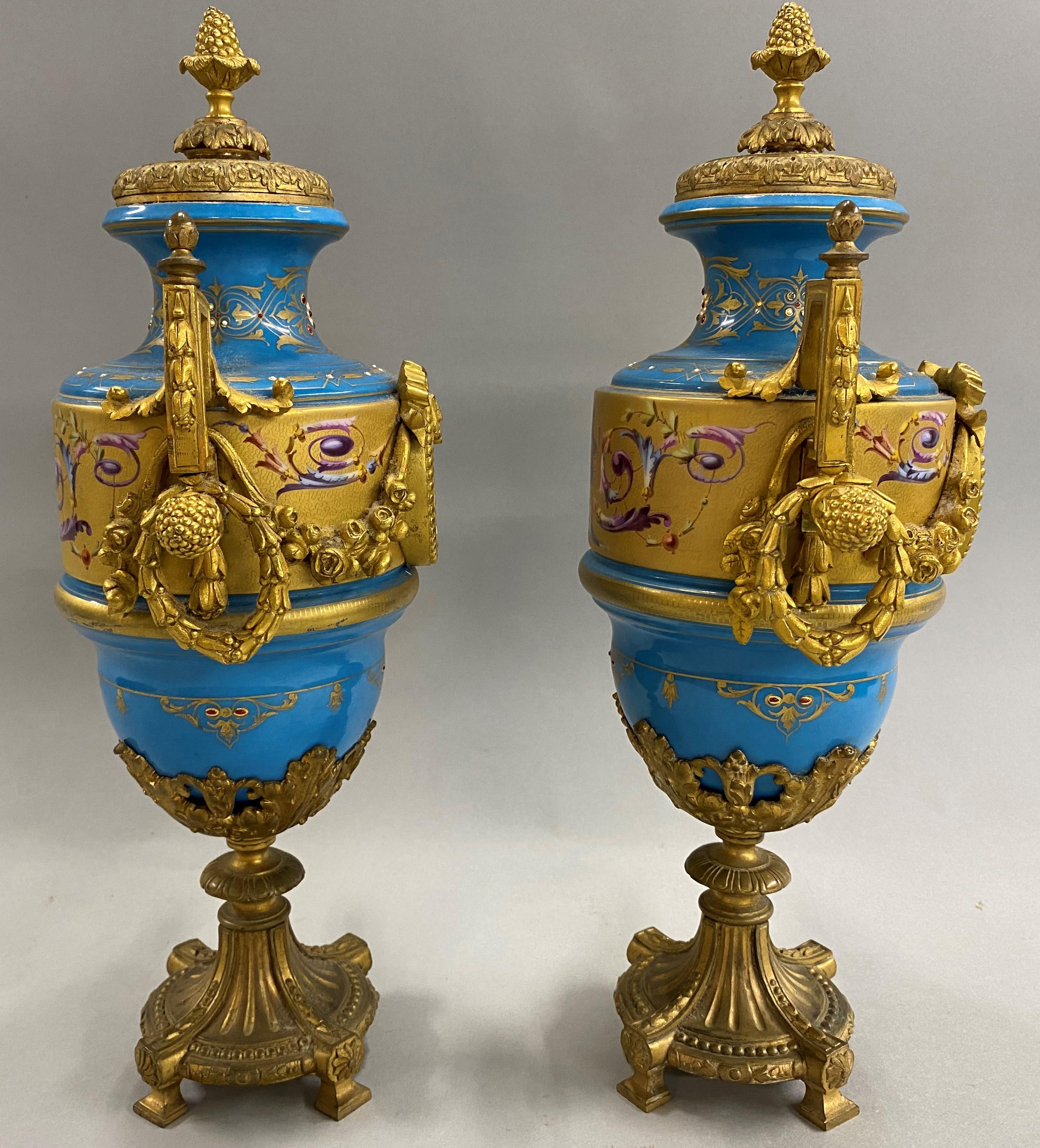 19th Century Pair of French Sevres Celeste Blue Porcelain Urns with Gilt Ormolu 5