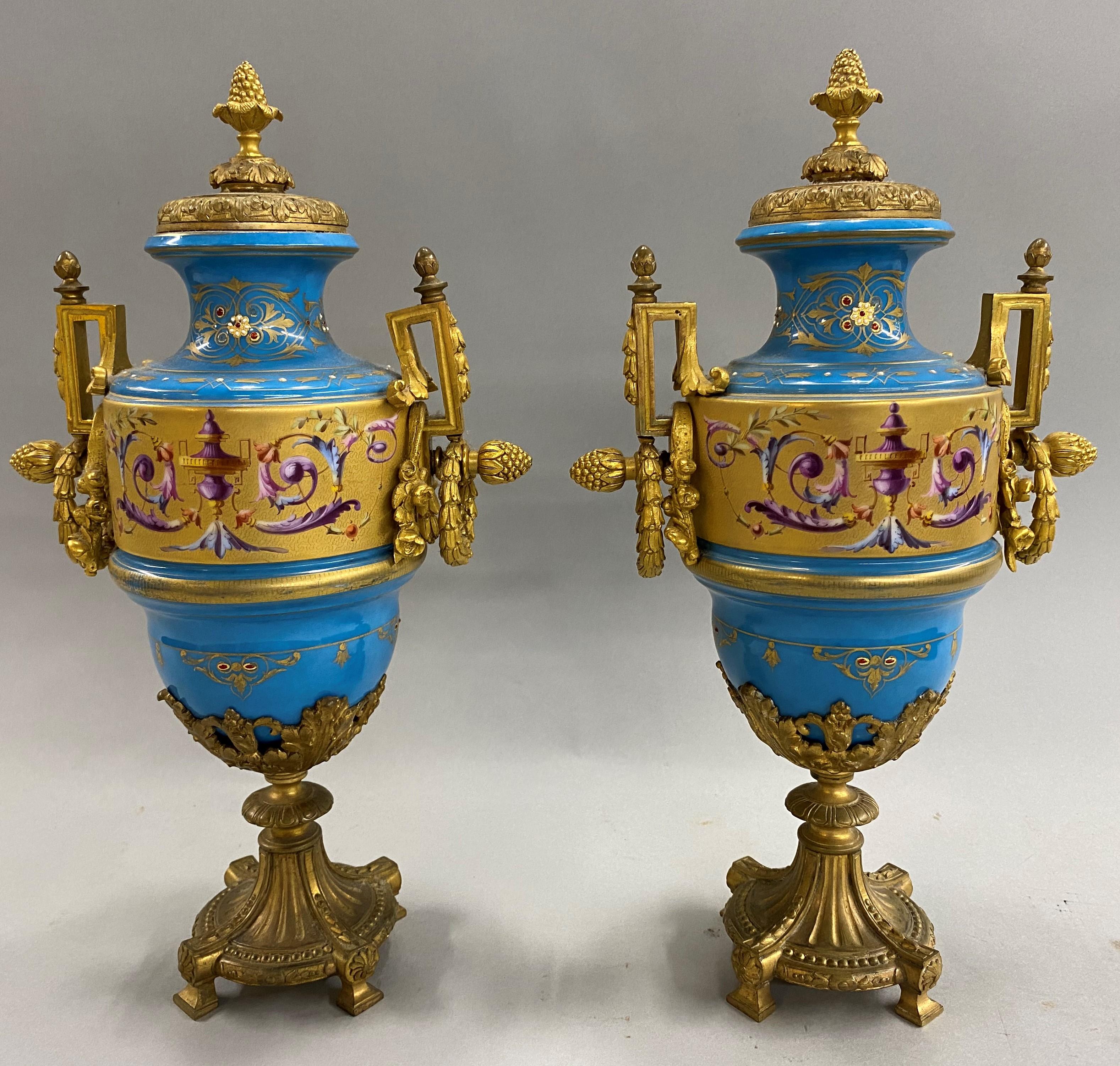 19th Century Pair of French Sevres Celeste Blue Porcelain Urns with Gilt Ormolu 6