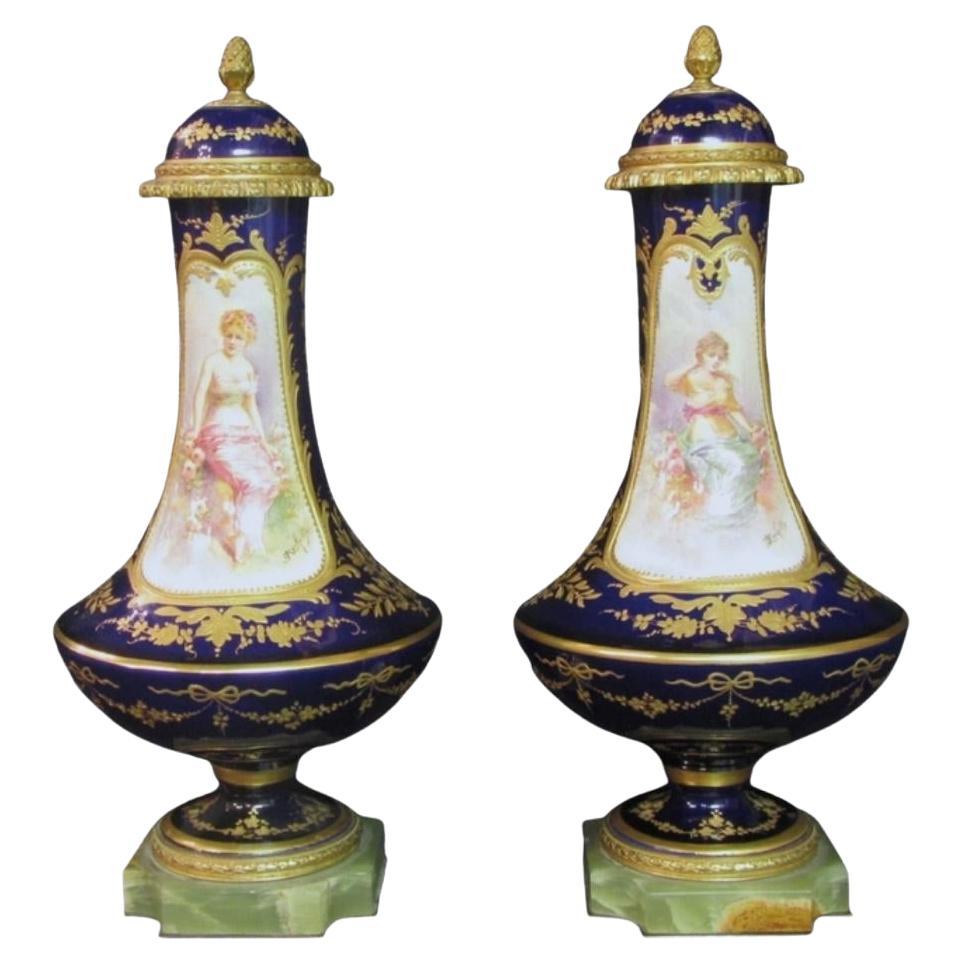 19th Century Pair of French Sevres Porcelain Lidded Vases For Sale