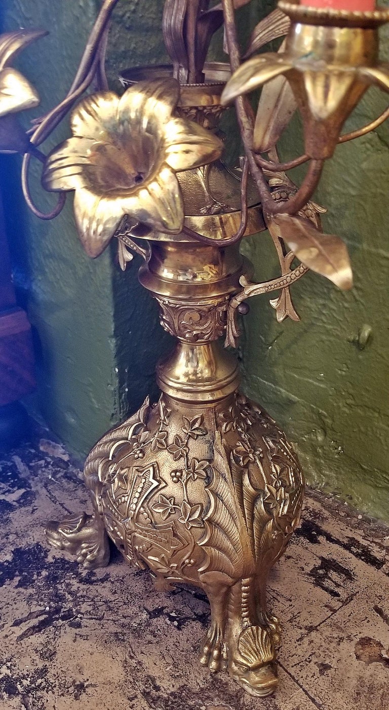 19th Century Pair of French Solid Brass Floor Candelabras For Sale at 1stDibs