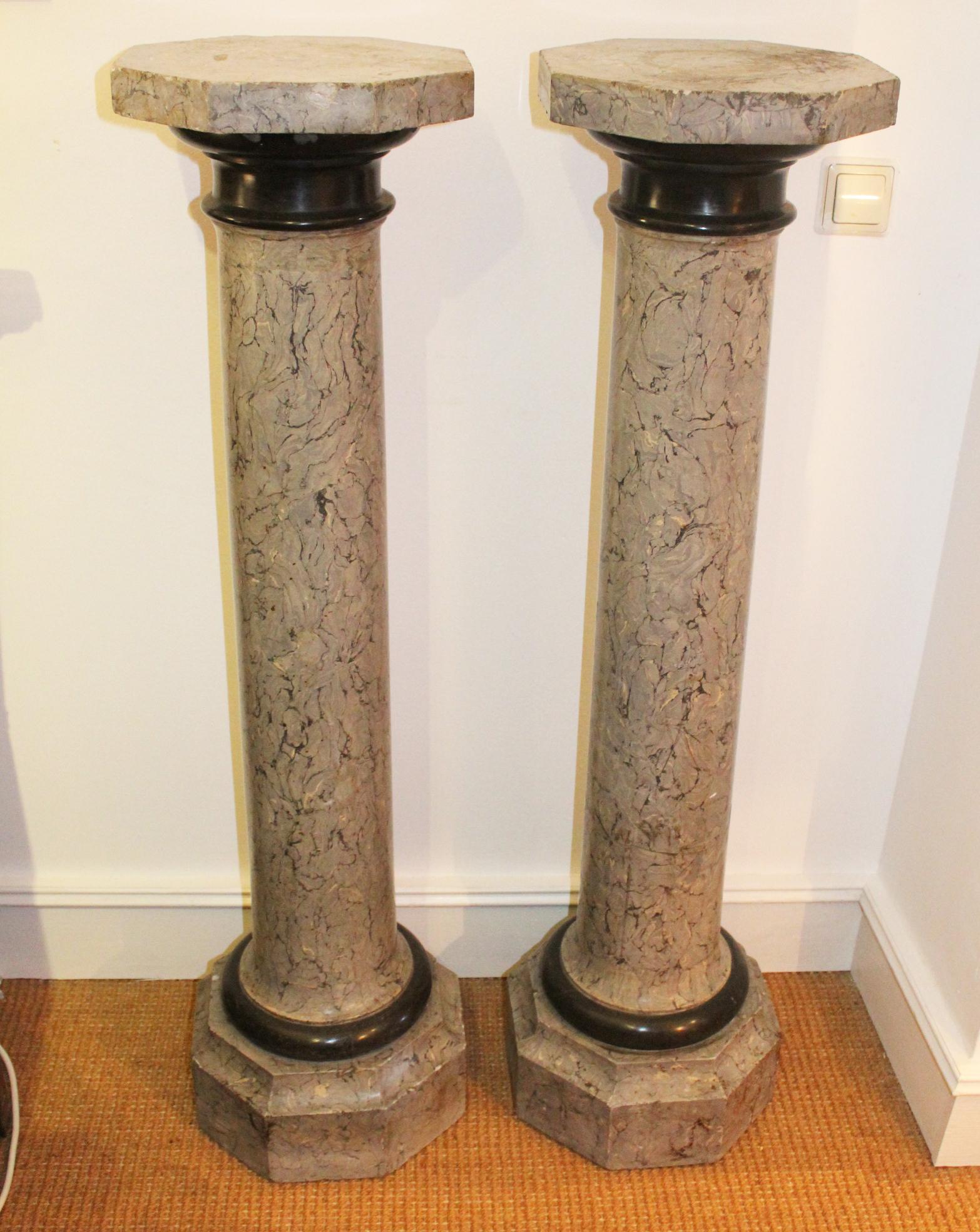 19th century pair of French stucco hand painted faux marble pedestals.