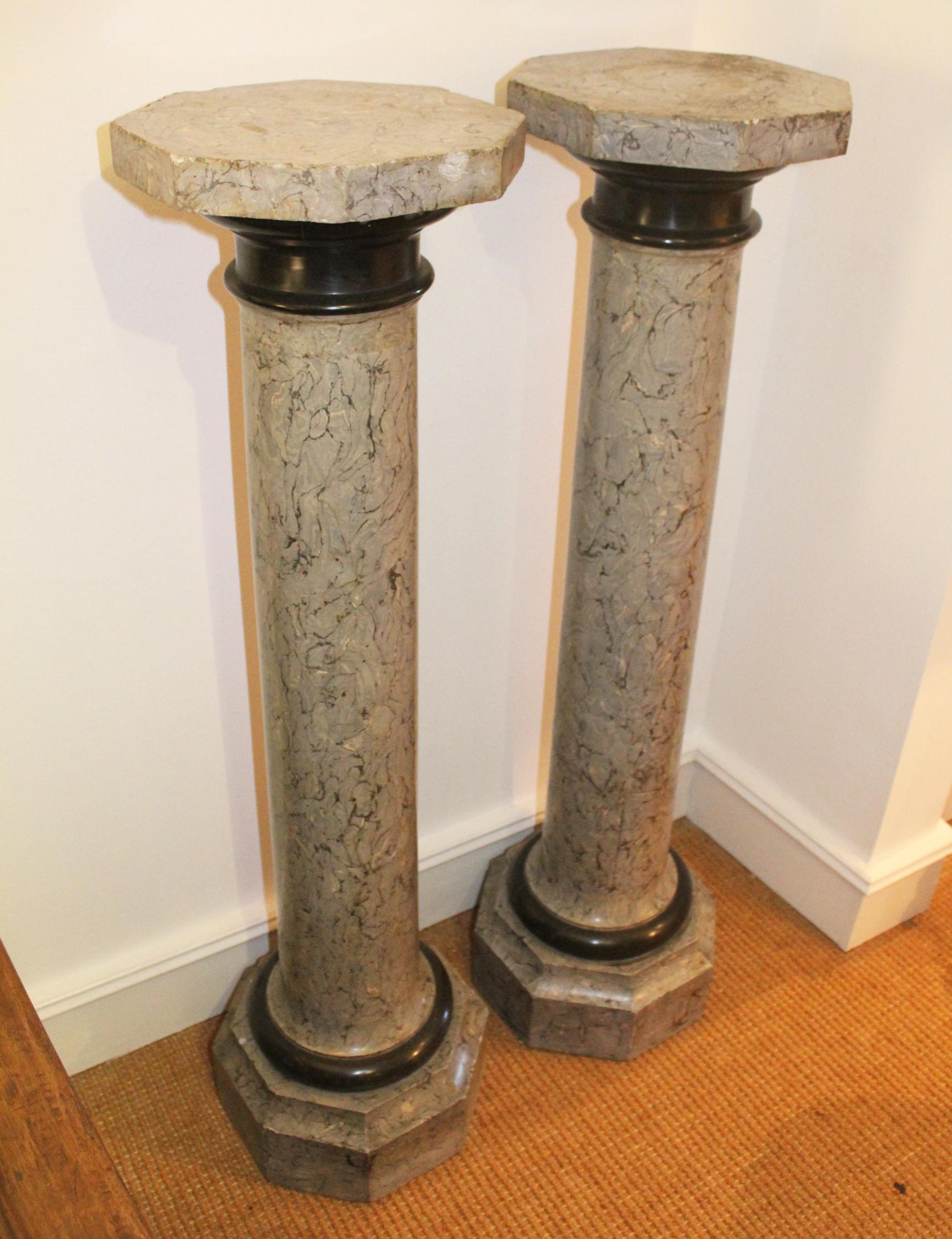 Hand-Painted 19th Century Pair of French Stucco Hand Painted Faux Marble Pedestals For Sale