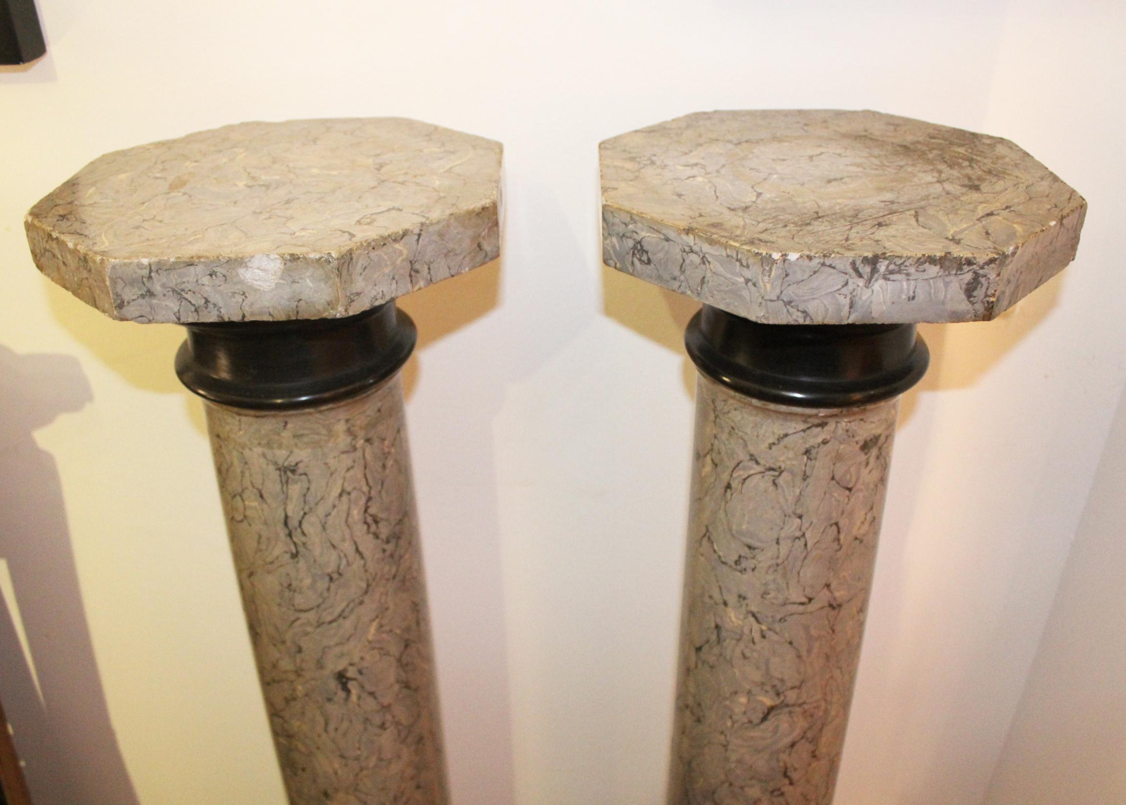 19th Century Pair of French Stucco Hand Painted Faux Marble Pedestals For Sale 1