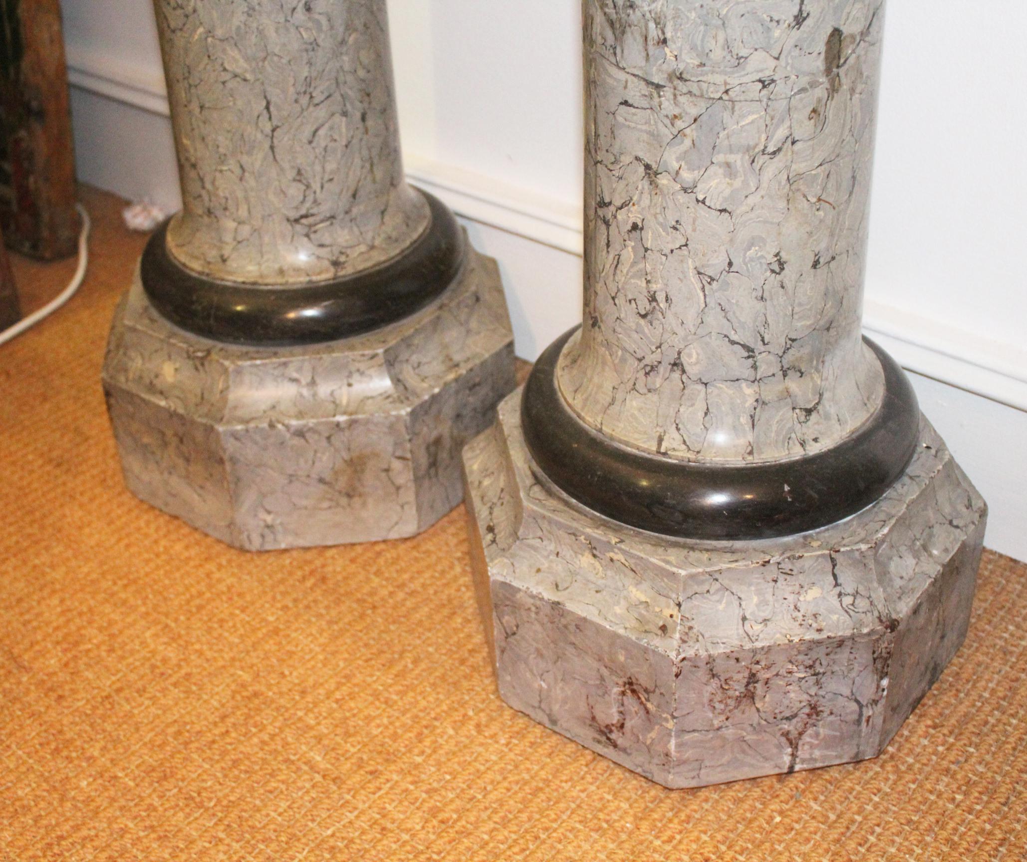19th Century Pair of French Stucco Hand Painted Faux Marble Pedestals For Sale 2