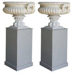 19th Century White French Antique Pair of Carrara Marble Tazza Urns