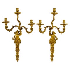 19th Century, Pair of French Three-Light Gilt Bronze Sconces