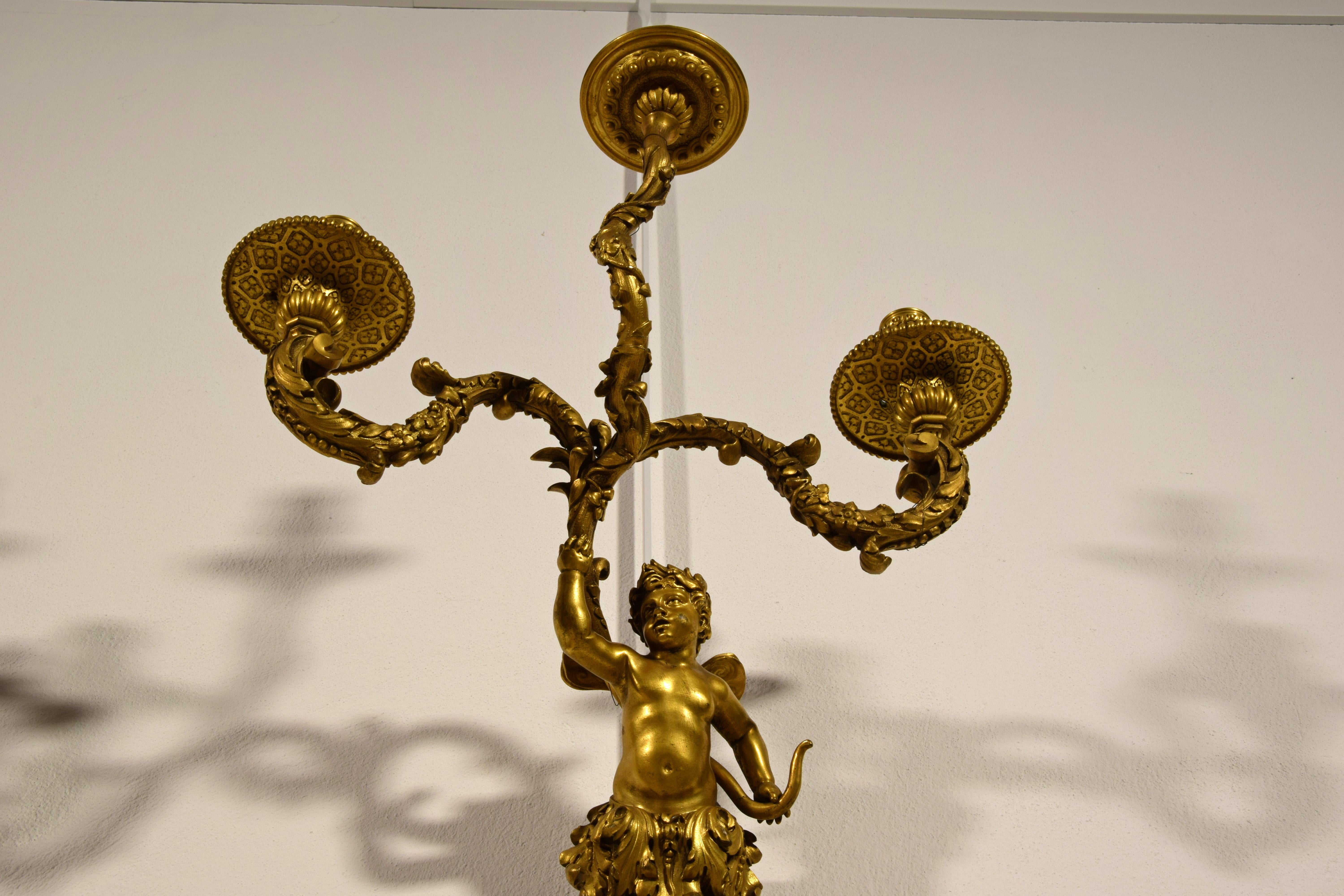 19th Century, Pair of French Three-Light Gilt Bronze Sconces For Sale 14