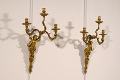 19th Century, Pair of French Three-Light Gilt Bronze Sconces