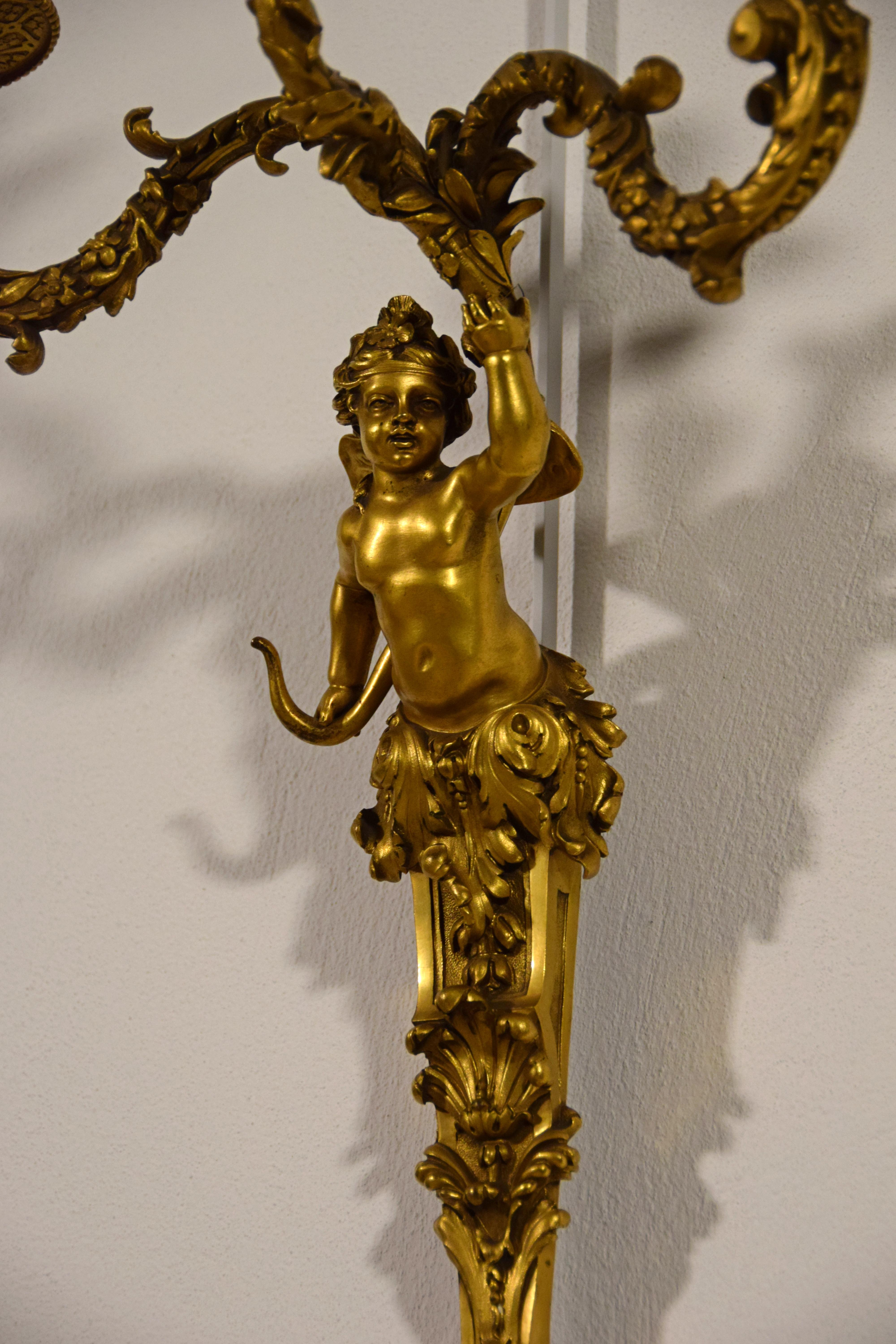 19th Century, Pair of French Three-Light Gilt Bronze Sconces For Sale 17