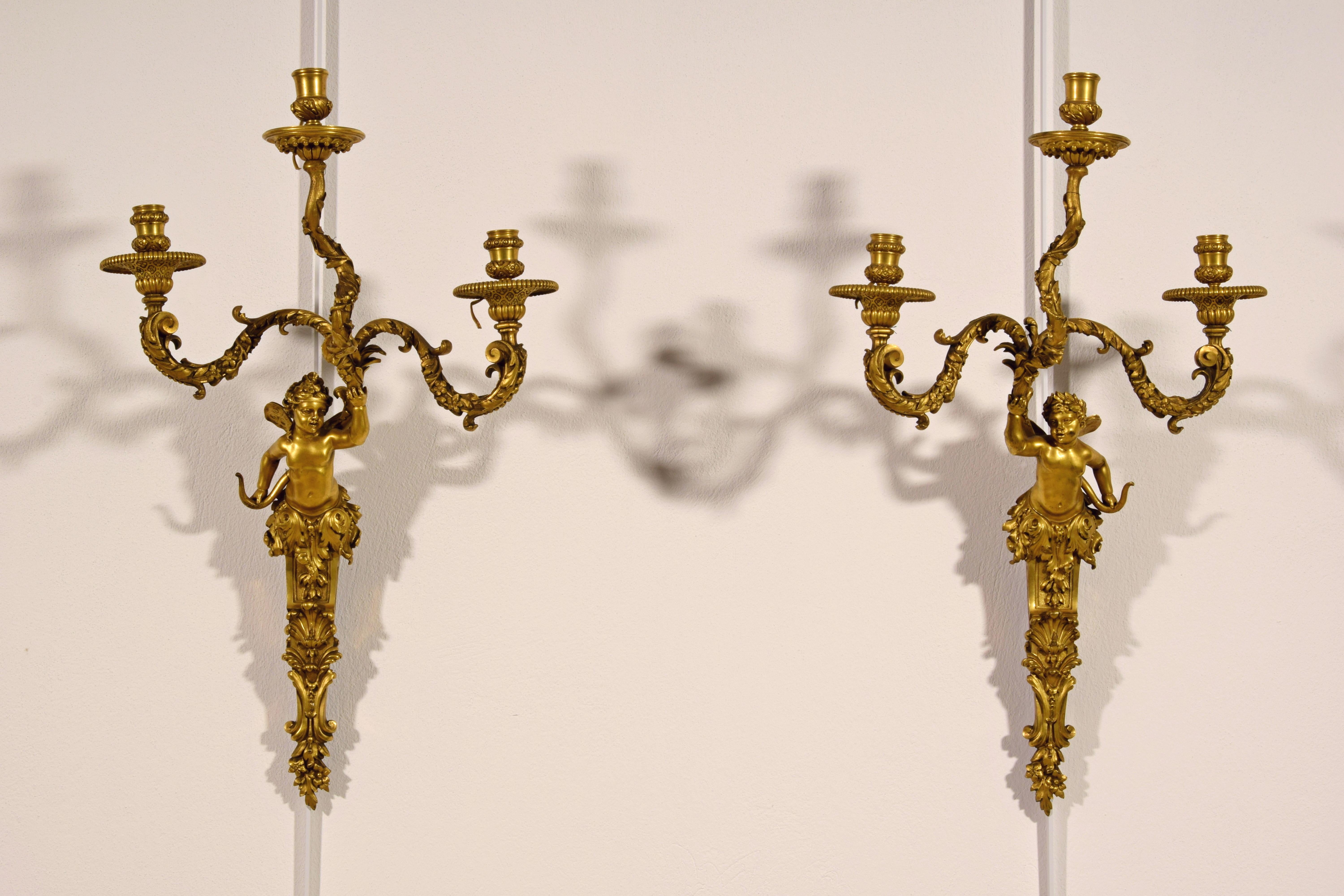 Louis XIV 19th Century, Pair of French Three-Light Gilt Bronze Sconces For Sale