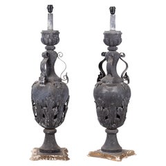 19th Century Pair of French Vase Shaped Metallic Table Lamps