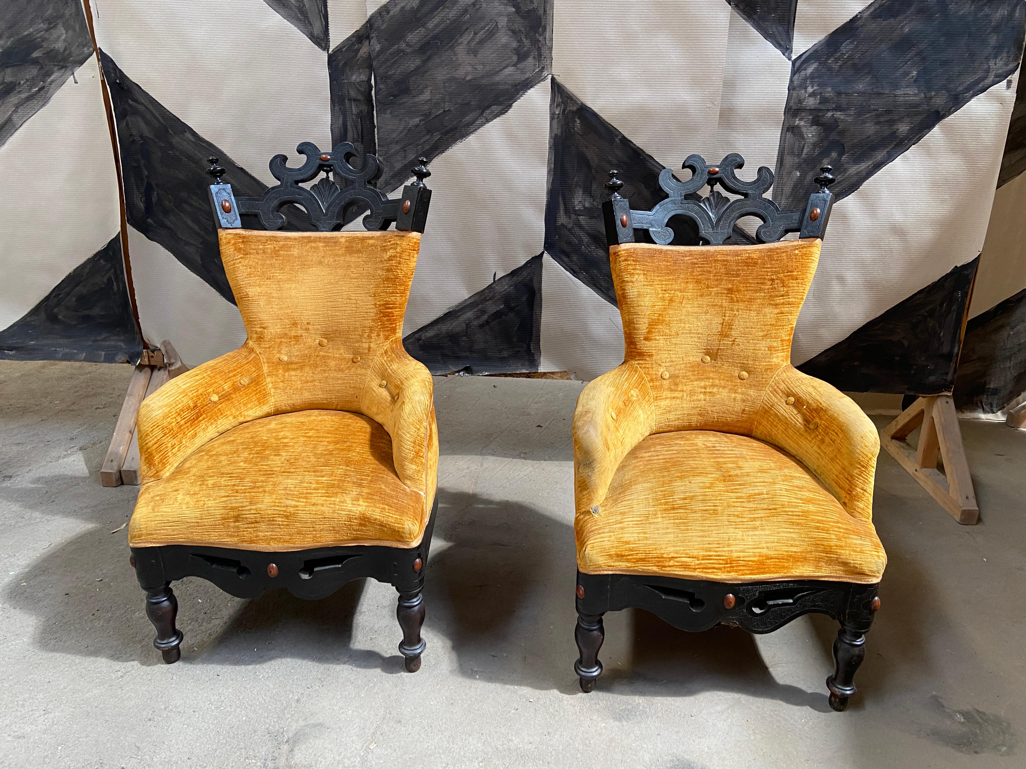 Anglo-Indian 19th Century Pair of French Velvet Armchairs with Ebonized Wood For Sale